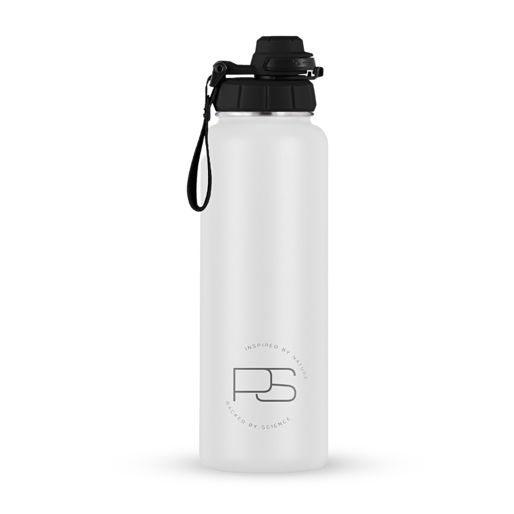 A white, double-walled stainless steel water bottle with a black leak-free lid and a carrying strap attached to the lid, featuring minimalistic branding with the letters 'PS' on the front.