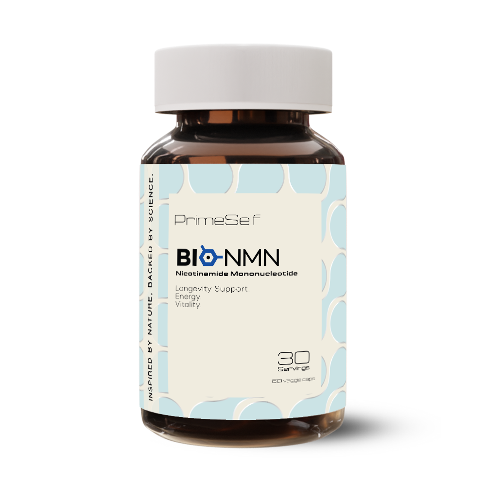 Bottle of PrimeSelf Bio-NMN supplement on a white background