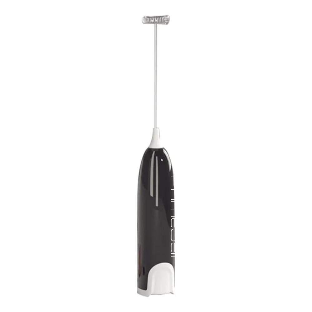 A handheld milk frother with a black body and white frothing wand.