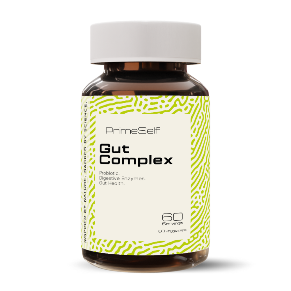 Bottle of PrimeSelf Gut Complex supplement on a white background