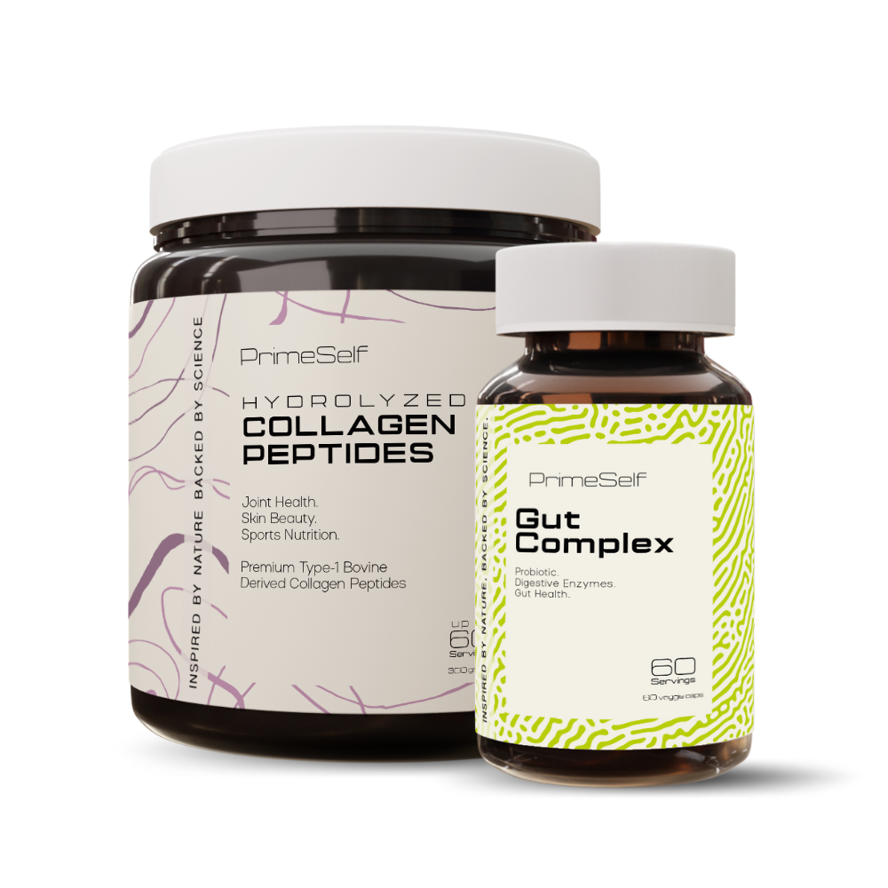 Two supplement bottles, one labeled 'Hydrolyzed Collagen Peptides' and the other 'Gut Complex', from the brand PrimeSelf.