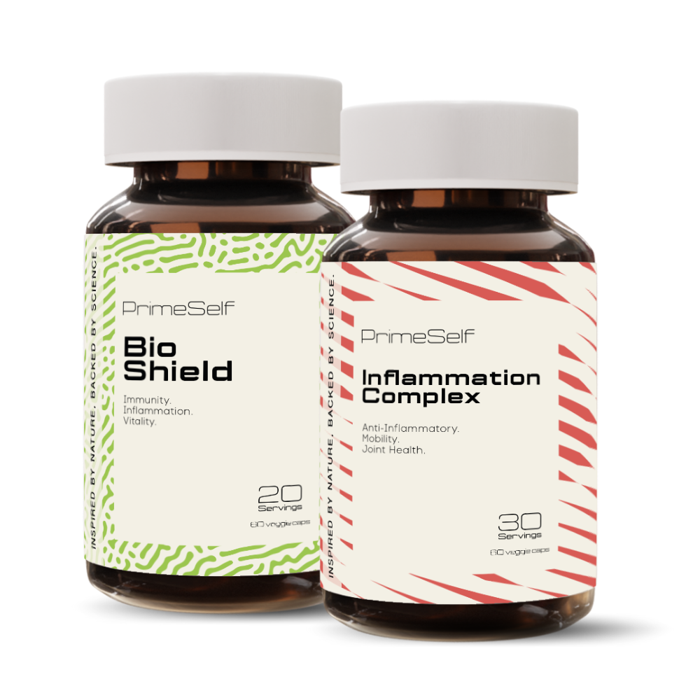 Two bottles of PrimeSelf branded dietary supplements, one labeled 'Bio Shield' with a green geometric pattern and the other 'Inflammation Complex' with a red and white striped pattern. Both bottles have white caps and are set against a white background.