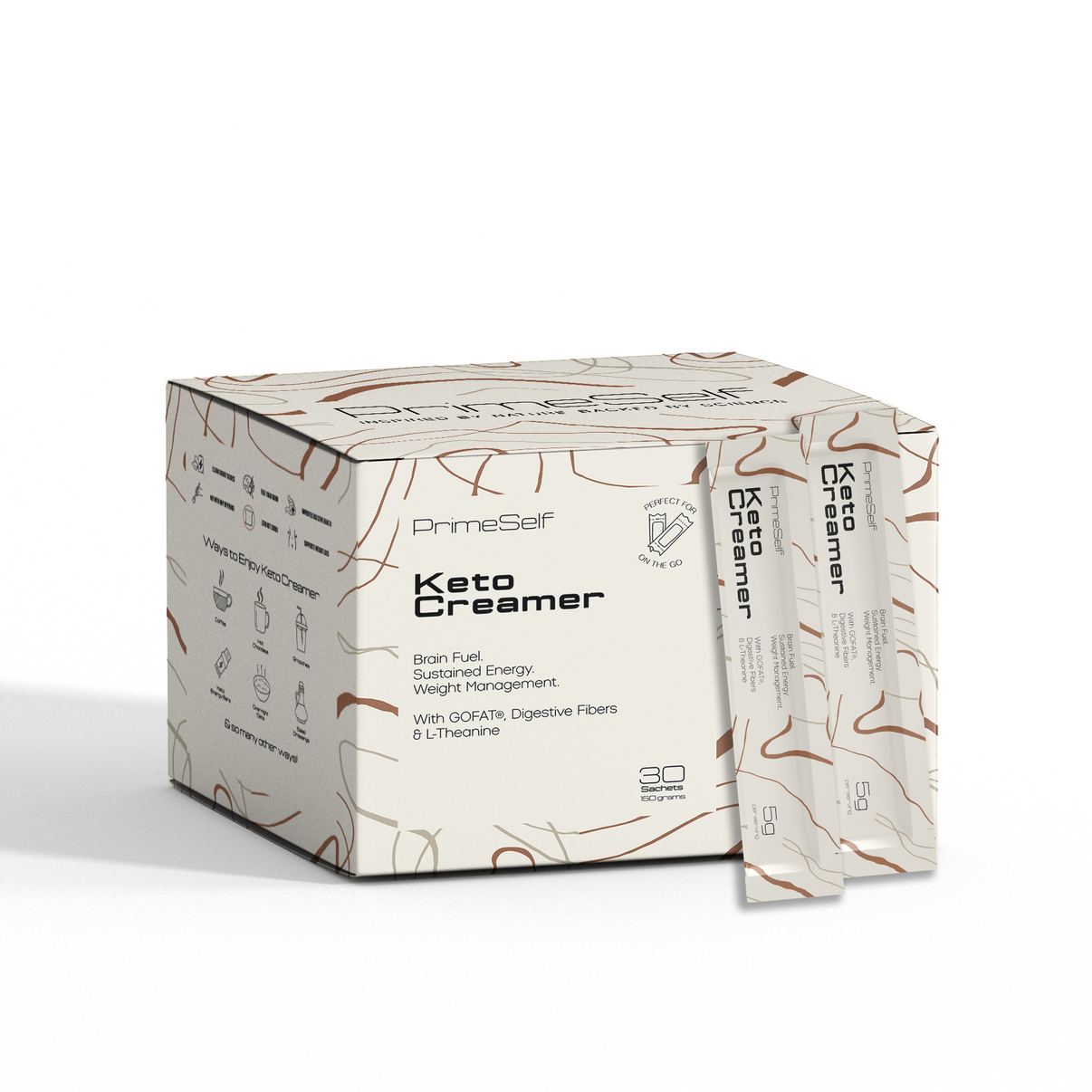 Box of PrimeSelf Keto Creamer with creamer sticks on a white background