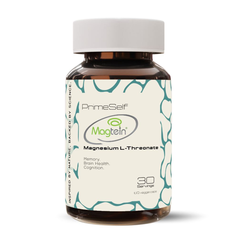 A bottle of PrimeSelf Magnesium L-Threonate supplement with branding and information about the product.