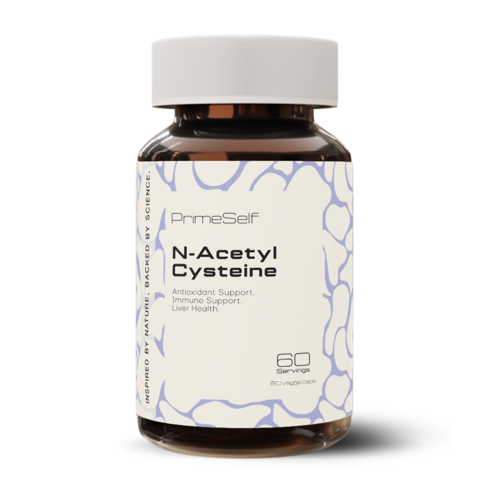 A bottle of PrimeSelf N-Acetyl Cystine supplement with 60 servings, highlighting its use for antioxidant support, immune function, and respiratory health.