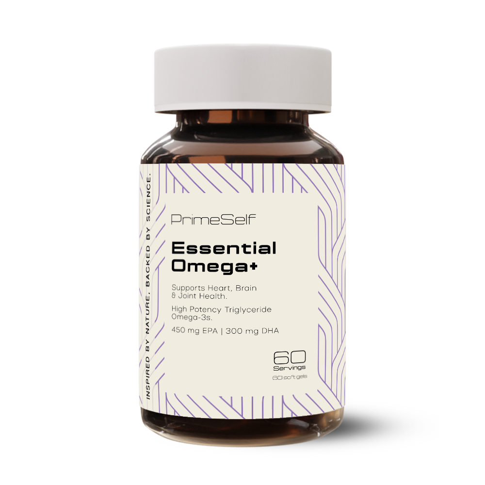 Bottle of PrimeSelf Essential Omega+ on a white background