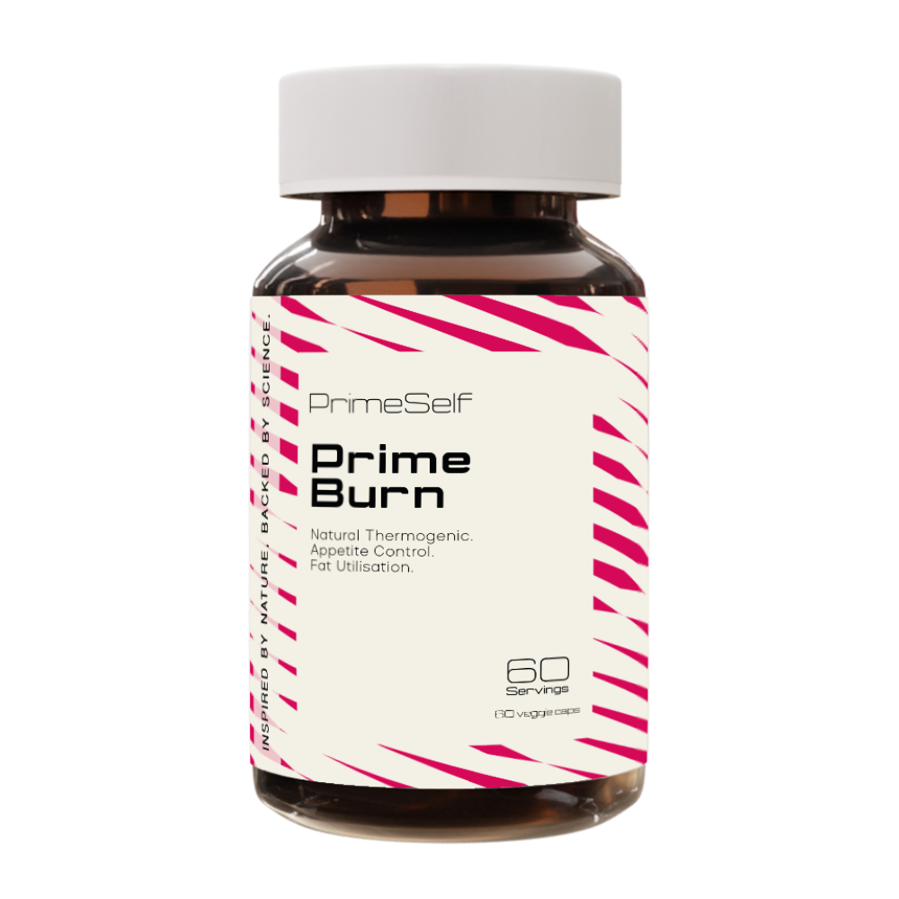 Bottle of Prime Self Prime Burn supplement with a white and pink label on a white background