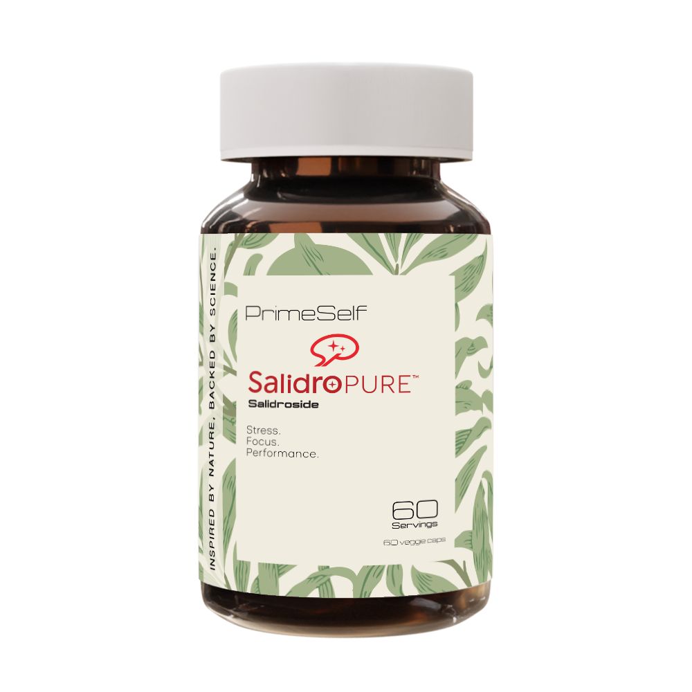 A bottle of PrimeSelf SalidroPure Rhodiola Rosea Salidrosides supplement with 60 servings, against a white background.