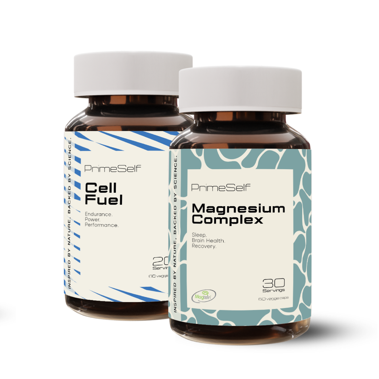Two supplement bottles labeled 'PrimeSelf', one marked as 'Cell Fuel' and the other as 'Magnesium Complex'. Both have a blue and white color scheme with leaf patterns.