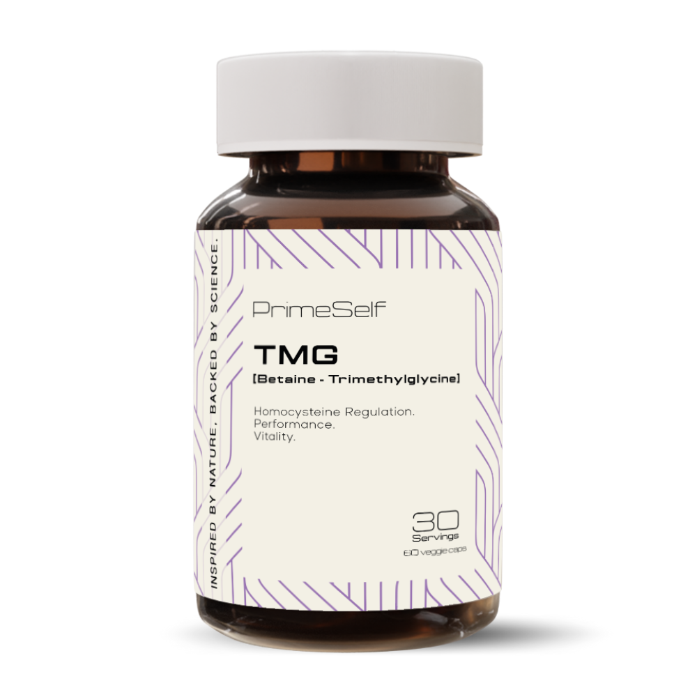 A bottle of PrimeSelf TMG (Trimethylglycine) supplement with a white label displaying the product name and dosage information.