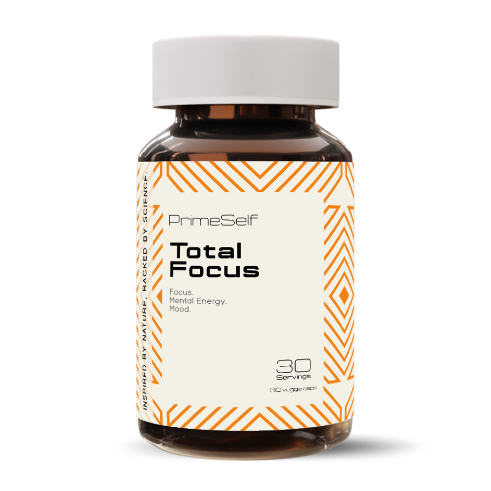 Bottle of PrimeSelf Total Focus supplement on a white background