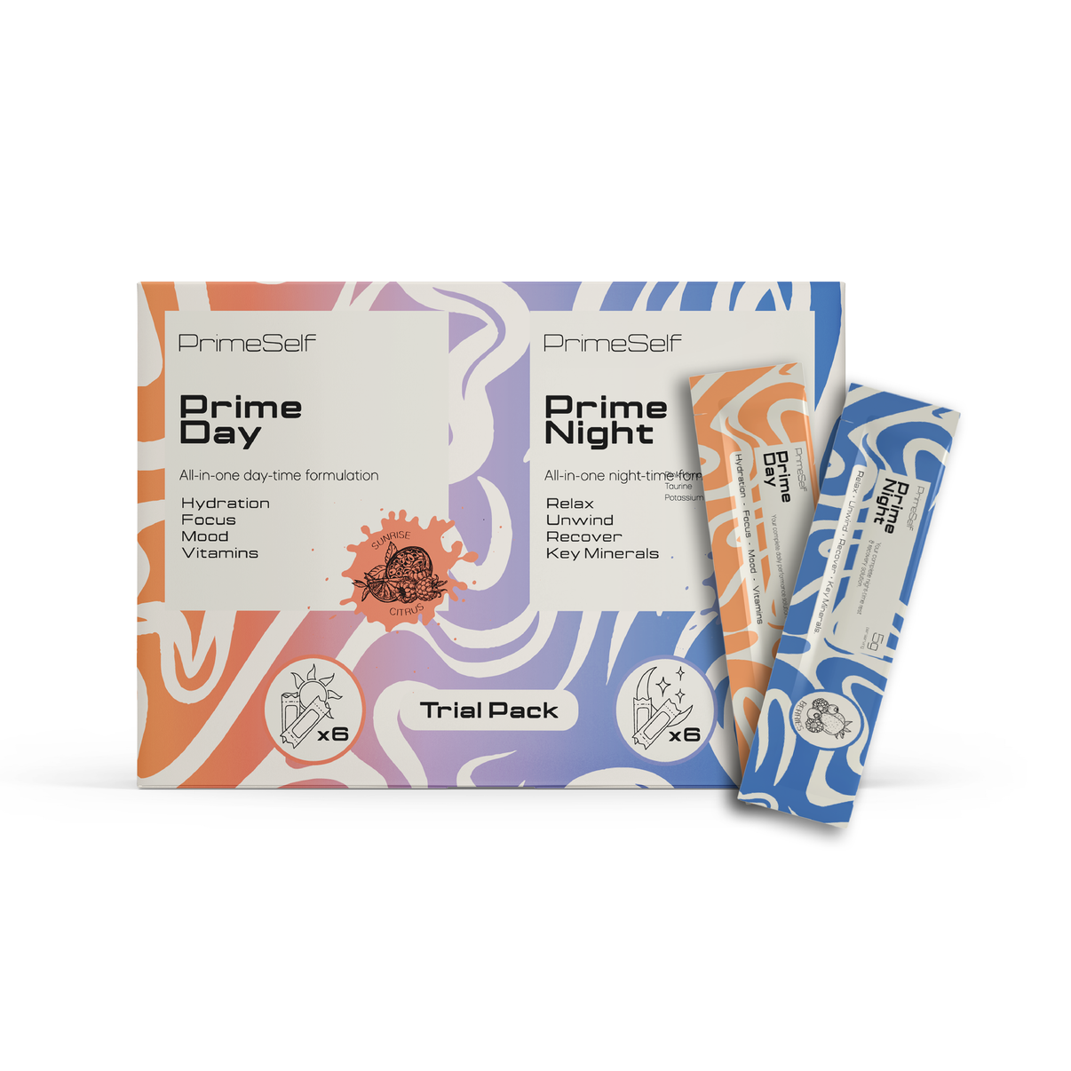 Prime Self Day and Night supplement packages on a white background