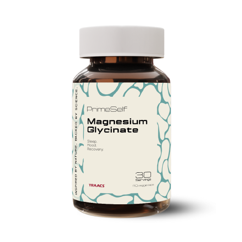 Bottle of PrimeSelf Magnesium Glycinate supplement on a white background