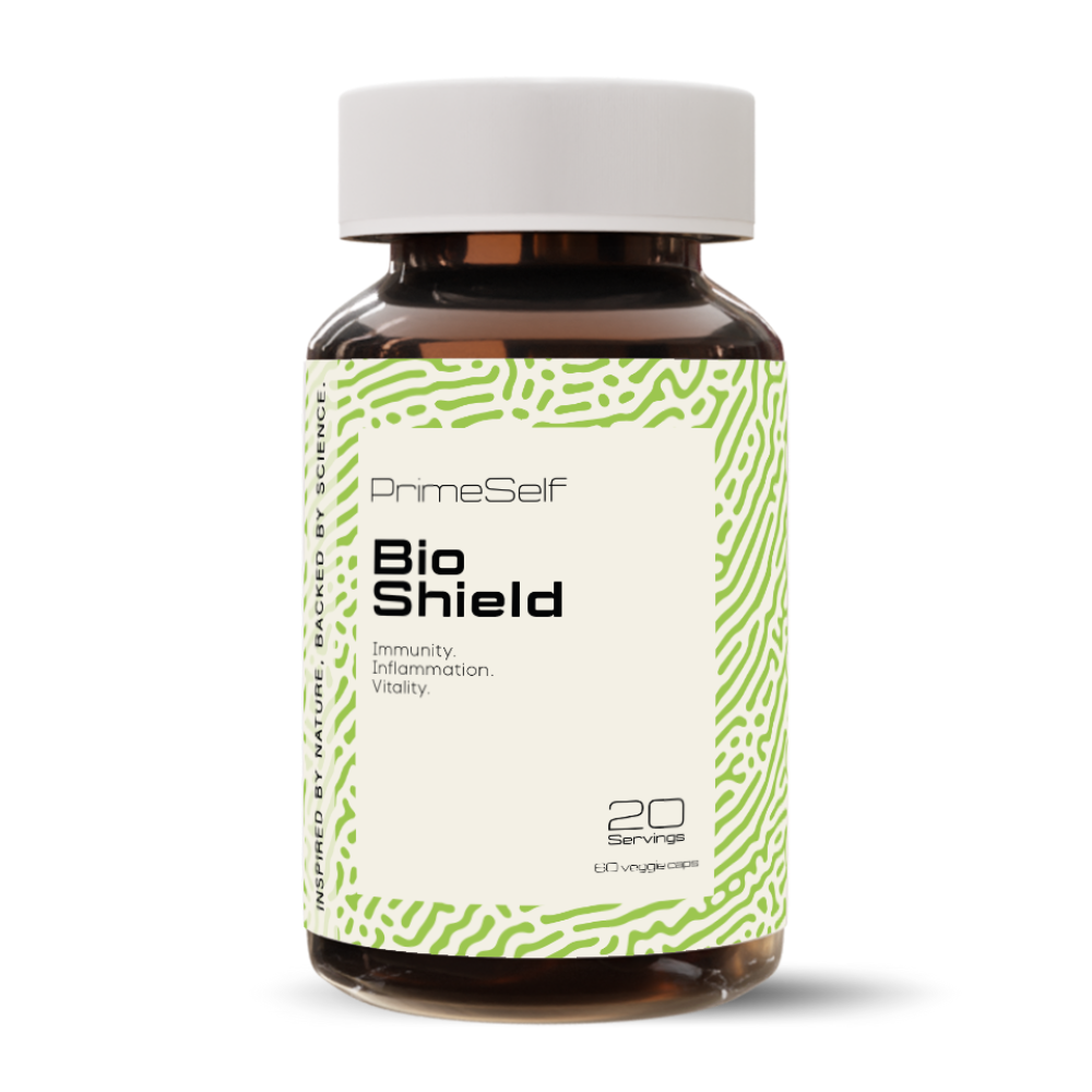 A bottle of PrimeSelf Bio Shield immune support supplement with 20 capsules, featuring a green and white label design.