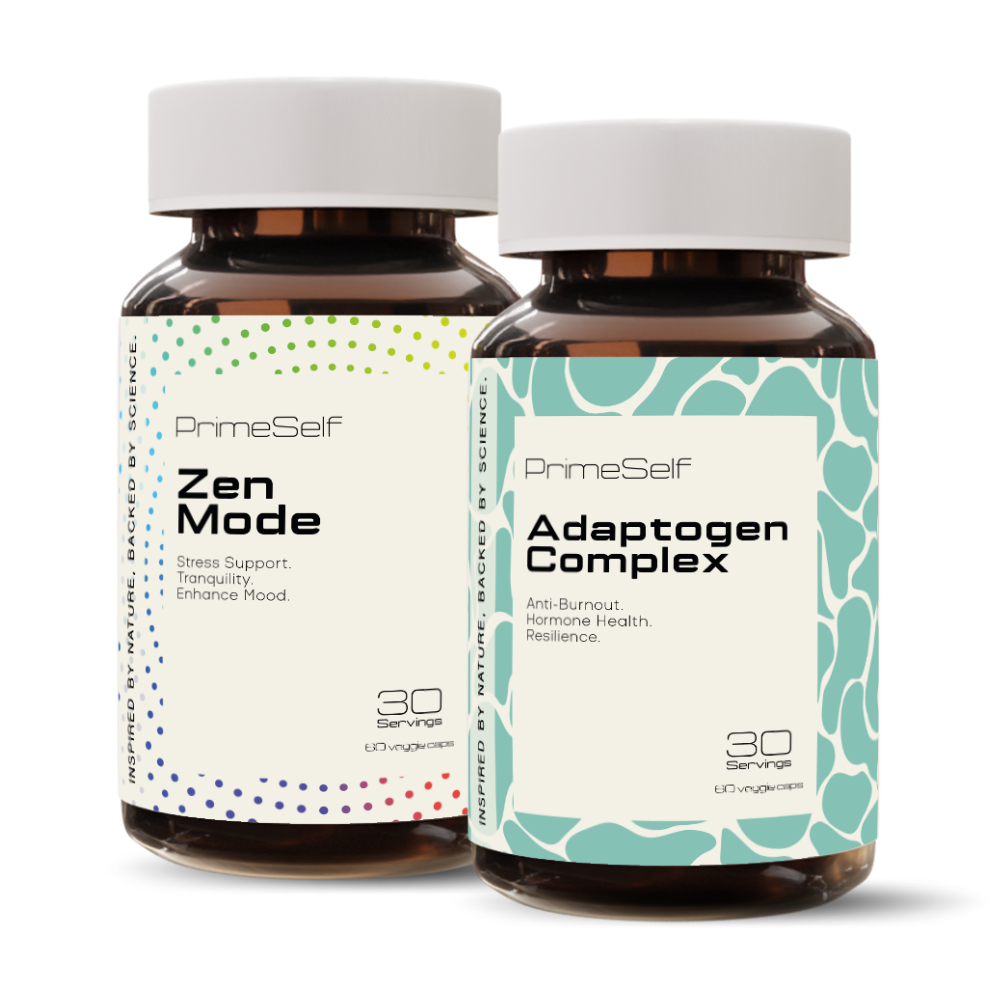 Two bottles of dietary supplements labeled 'PrimeSelf Zen Mode' and 'Adaptogen Complex', both with a white cap and information text on the labels.