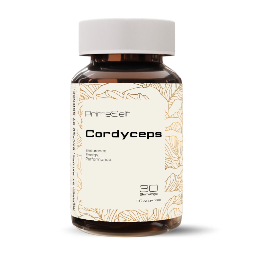 A bottle of PrimeSelf Cordyceps mushroom supplement with a white label displaying the brand and product name, along with some decorative leaf patterns.