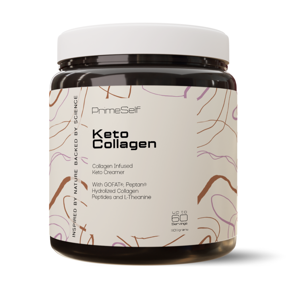 A tub of Keto Collagen supplement powder with the brand PrimeSelf visible on the label. The container is brown in colour, with a white lid and a design of wavy lines around the label.