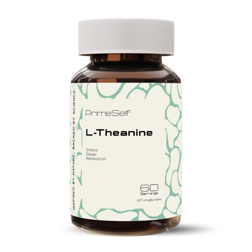 A bottle of PrimeSelf L-Theanine supplements with 60 capsules, labeled for stress relief, improved focus, and better sleep.