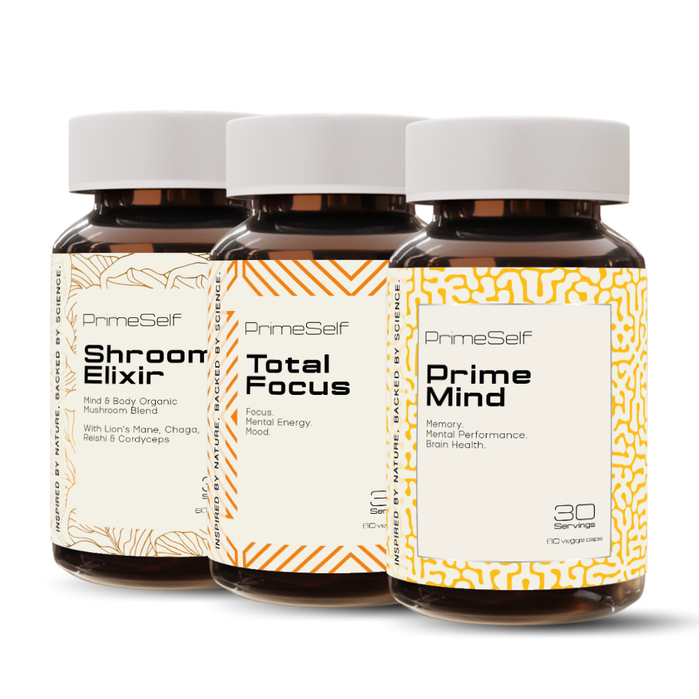 Three bottles of supplements labeled 'Shroom Elixir', 'Total Focus', and 'Prime Mind', from the 'Limitless' stack by PrimeSelf.