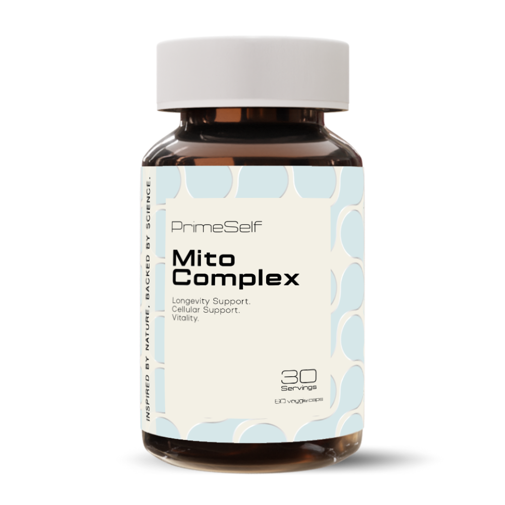 A bottle of PrimeSelf Mito Complex dietary supplement with white and blue label, indicating it is a longevity support formula.