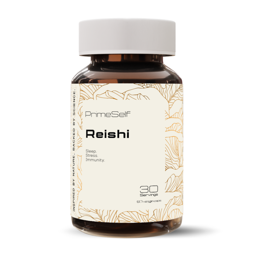 A bottle of PrimeSelf Reishi supplement with a white label featuring botanical illustrations and text indicating the product name and usage.