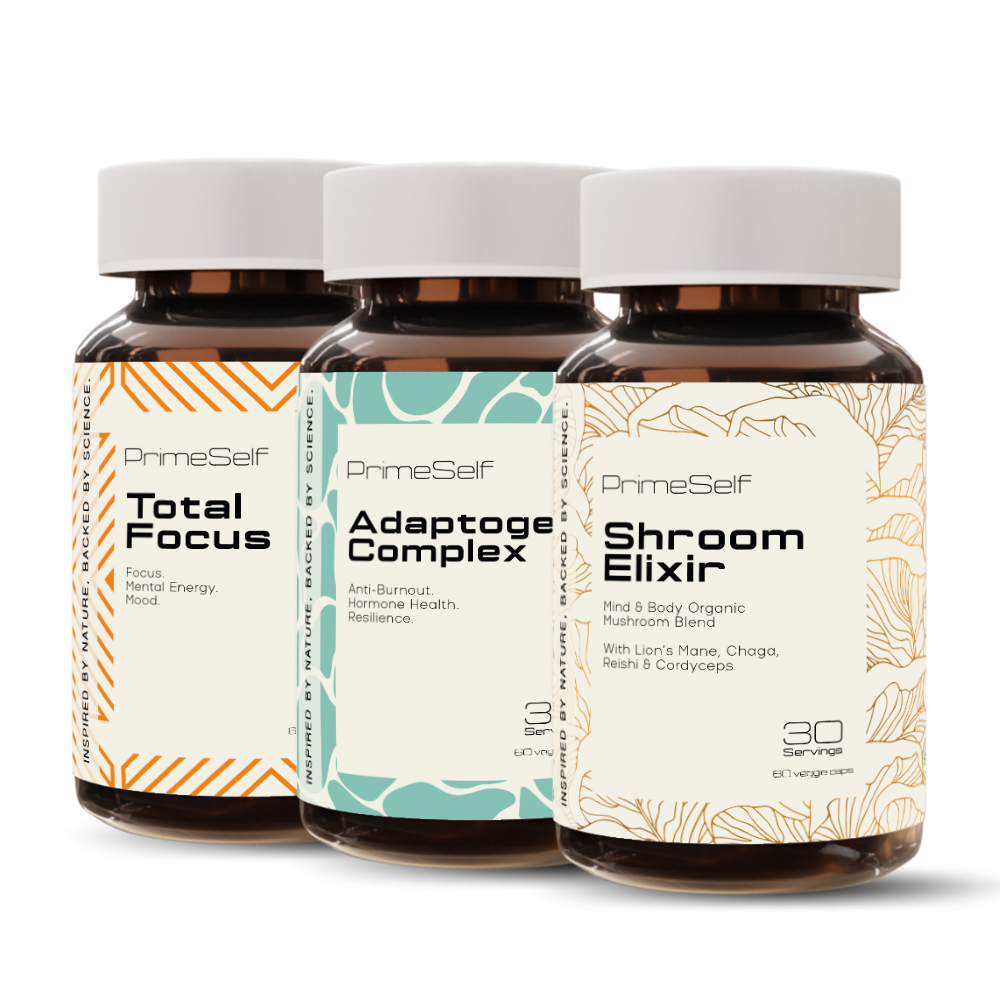 Three bottles of supplement capsules from PrimeSelf, labeled 'Total Focus', 'Adaptogen Complex', and 'Shroom Elixir'.