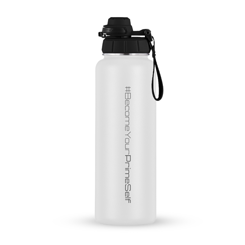 PrimeSelf Double-Wall Stainless Steel Water Bottle - bottle detail and lid view - PrimeSelf