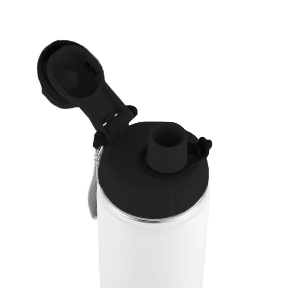 PrimeSelf Double-Wall Stainless Steel Water Bottle - bottle cap and strap detail - PrimeSelf