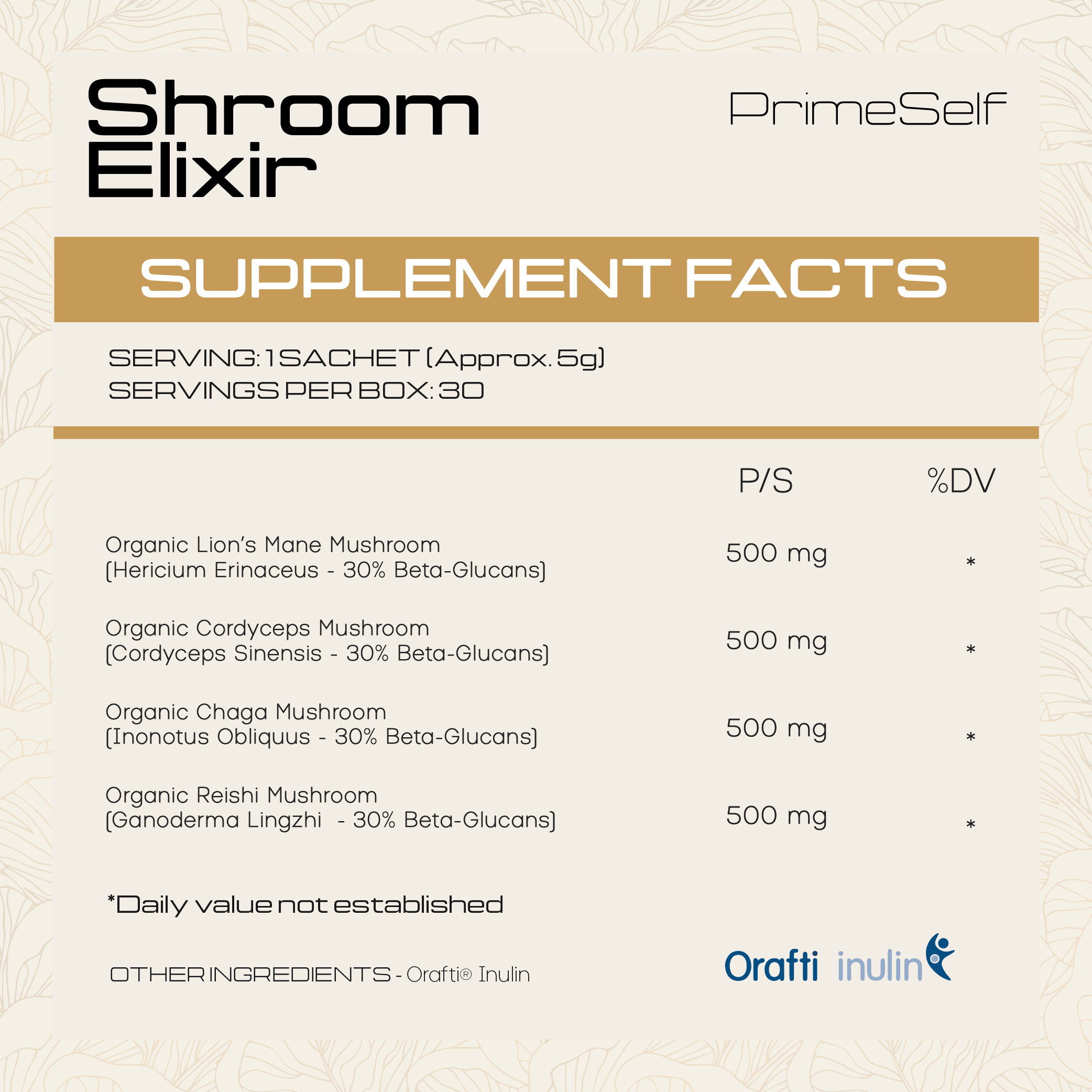 Supplement facts label for Shroom Elixir by PrimeSelf on a beige background.