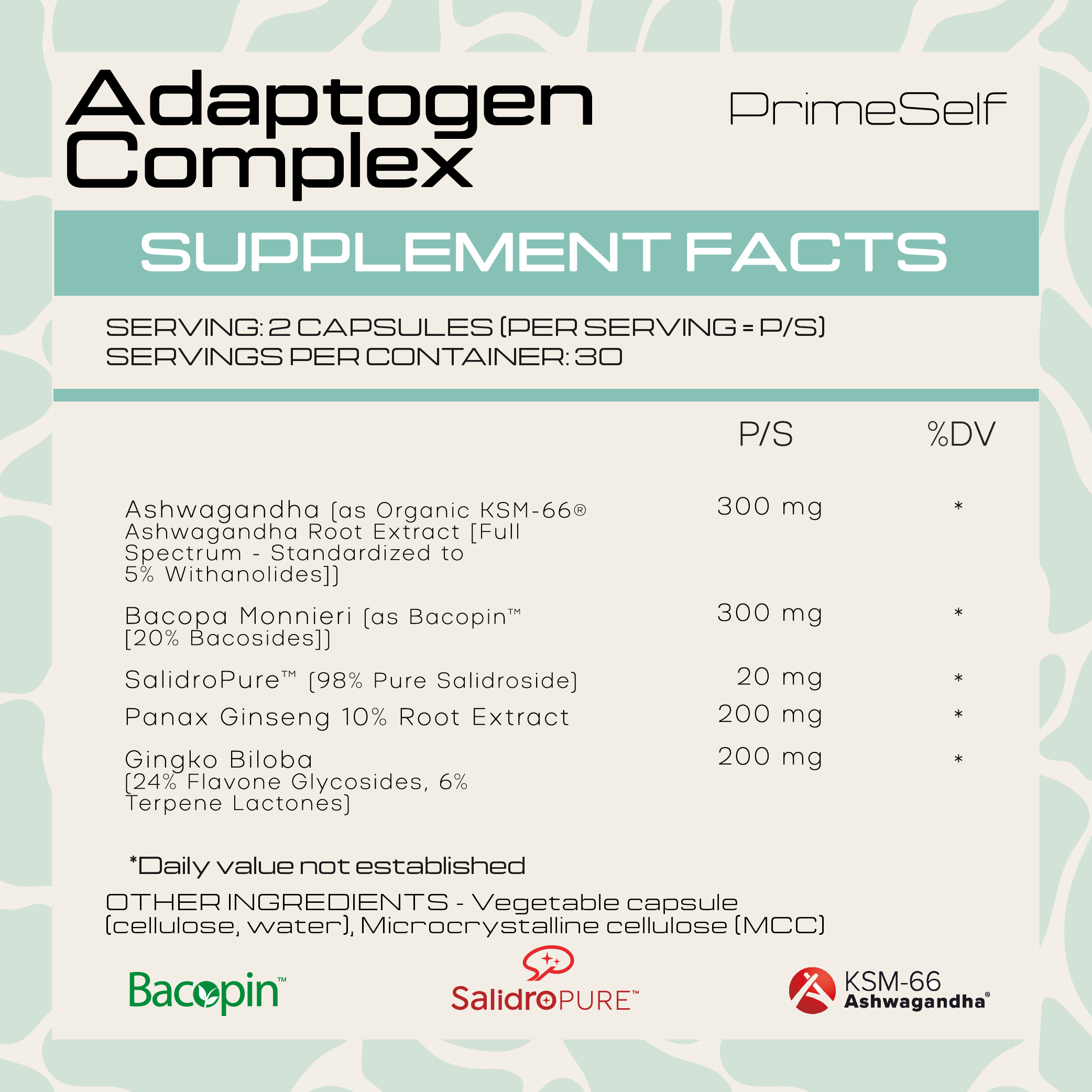 Supplement facts label for Adaptogen Complex by PrimeSelf with various ingredients and their amounts.