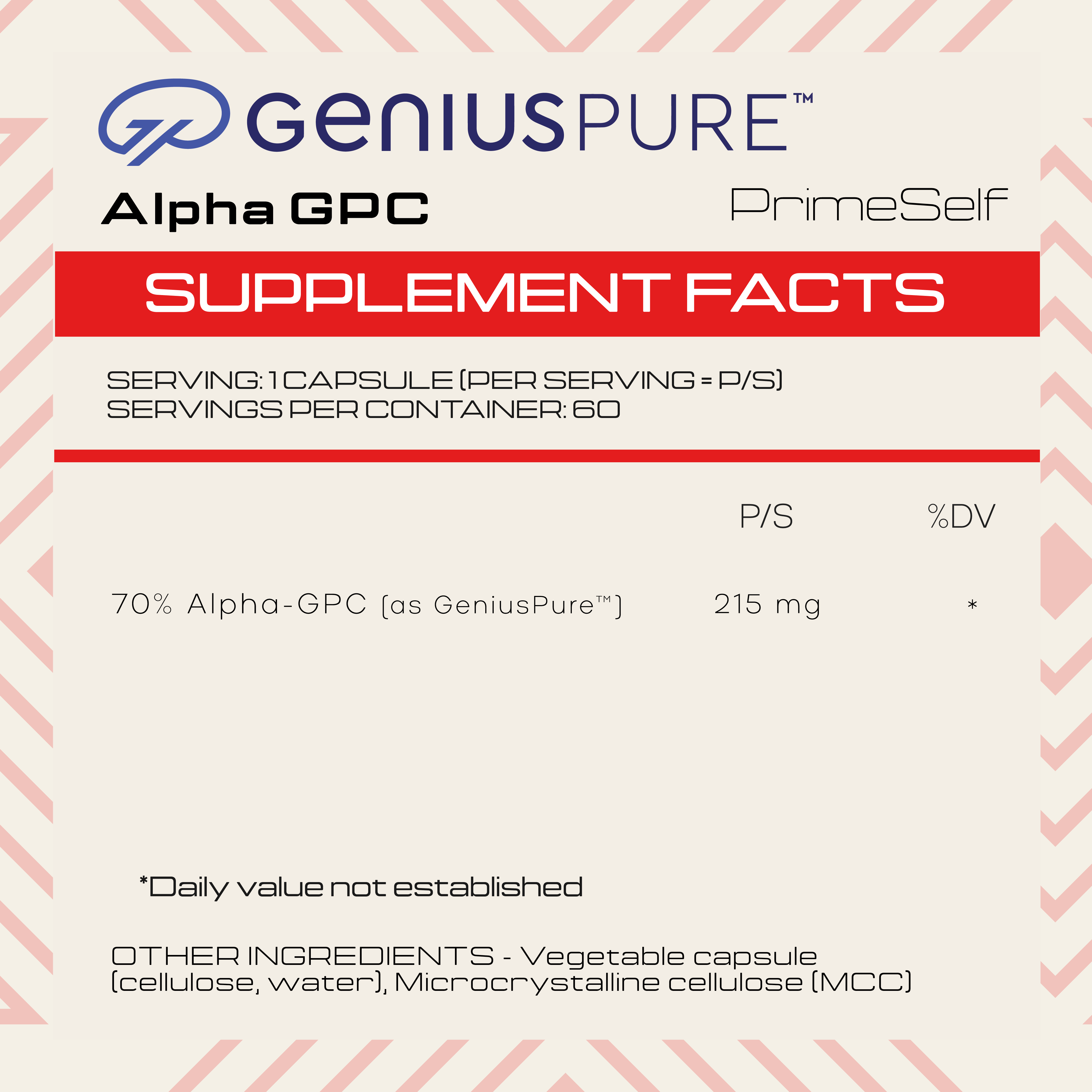 Supplement facts label for Genius Pure Alpha GPC PrimeSelf on a white background with red accents.