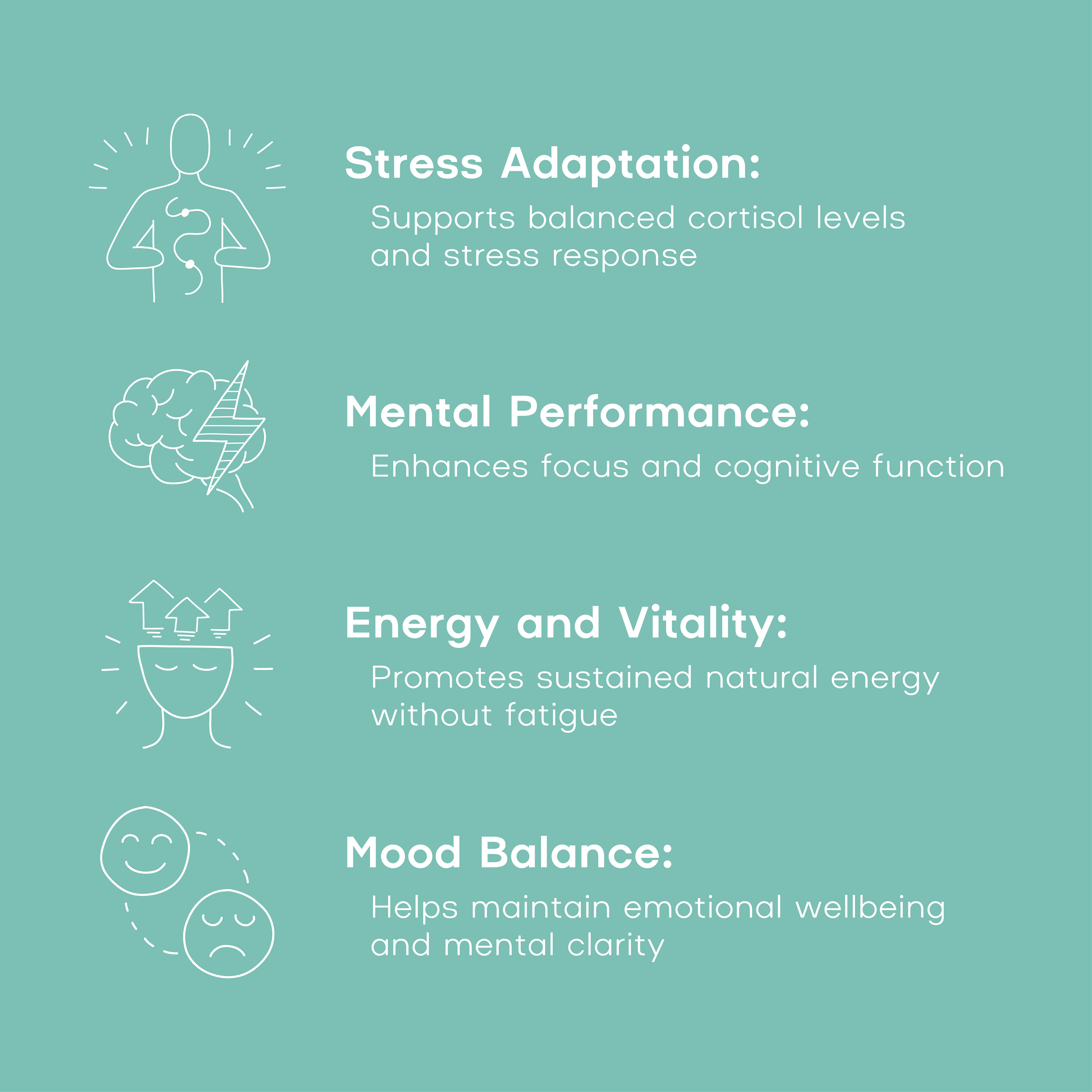 Chart detailing the benefits of stress adaptation, mental performance, energy and vitality, and mood balance on a teal background.