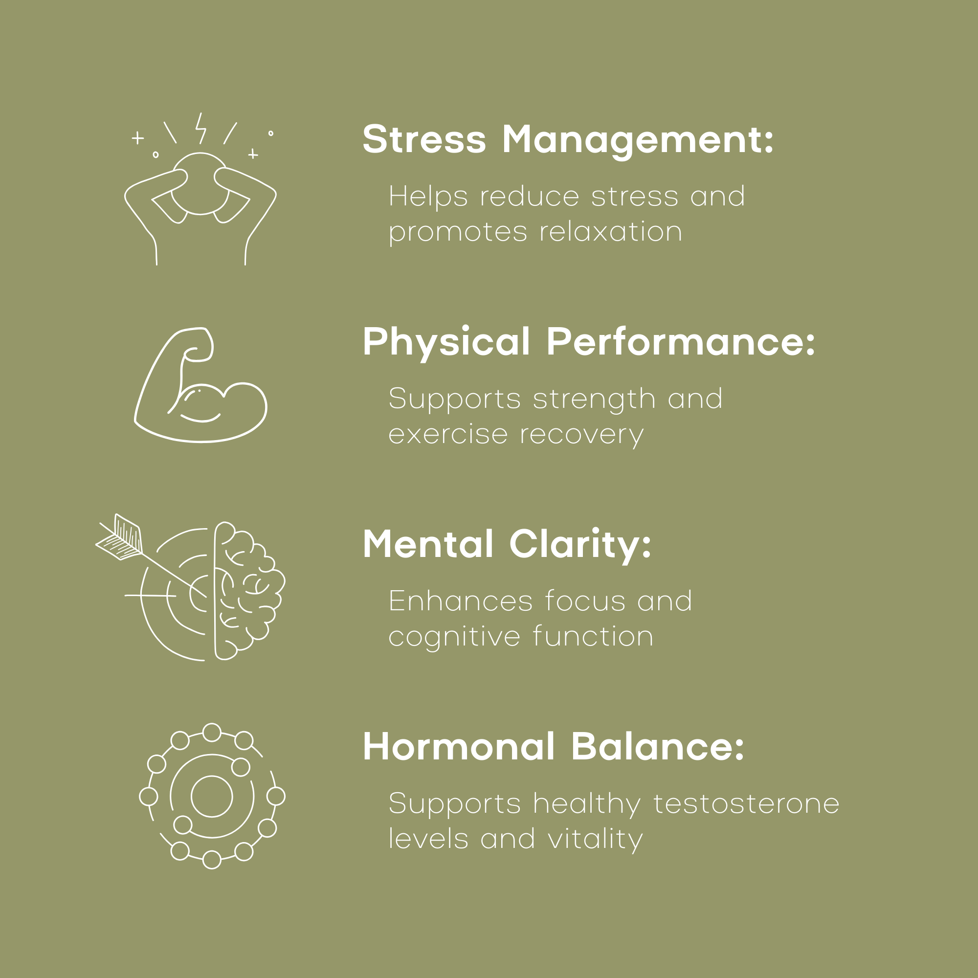 Chart detailing the benefits of stress management on physical performance, mental clarity, and hormonal balance with corresponding icons.