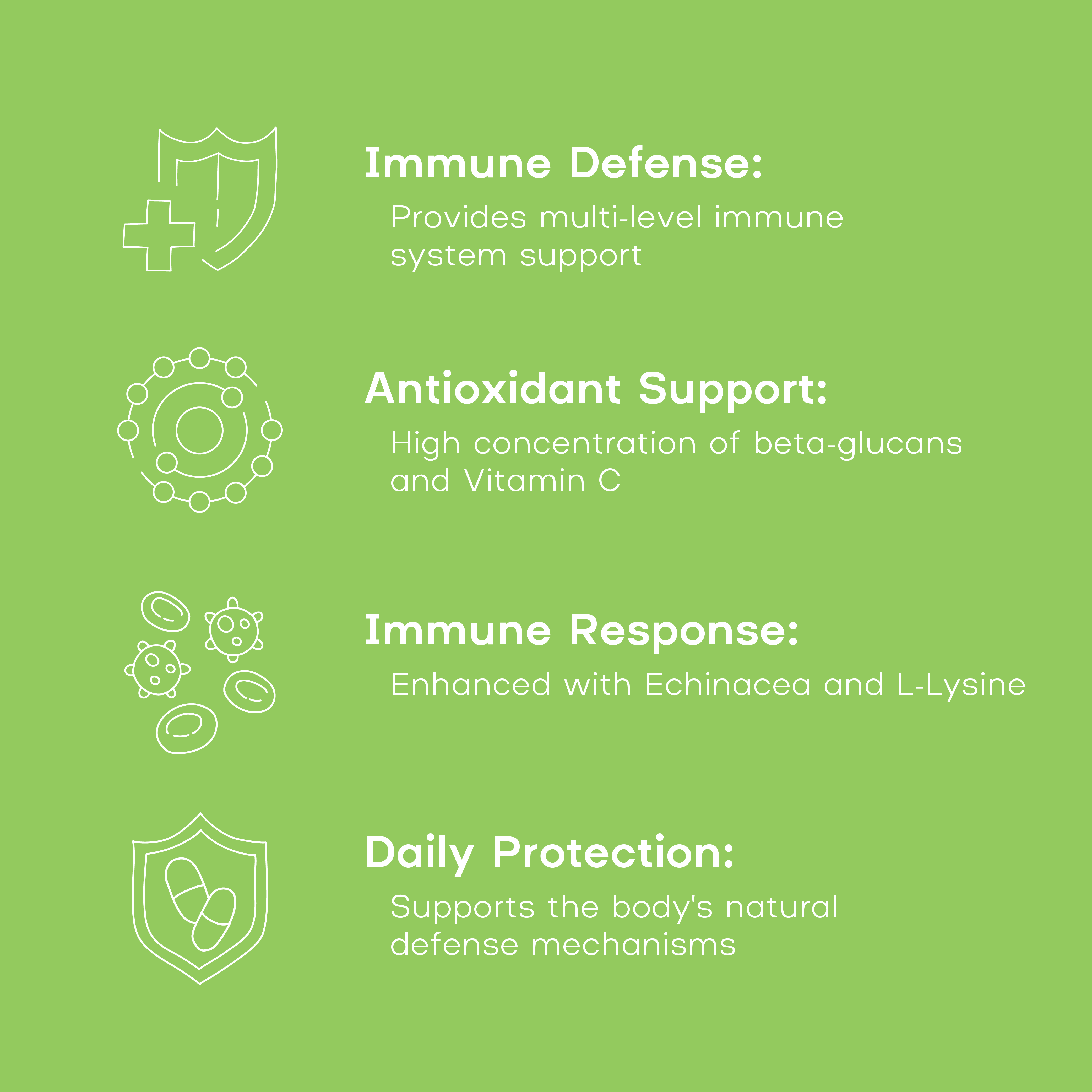 Green background with immune system support features and icons on a green background