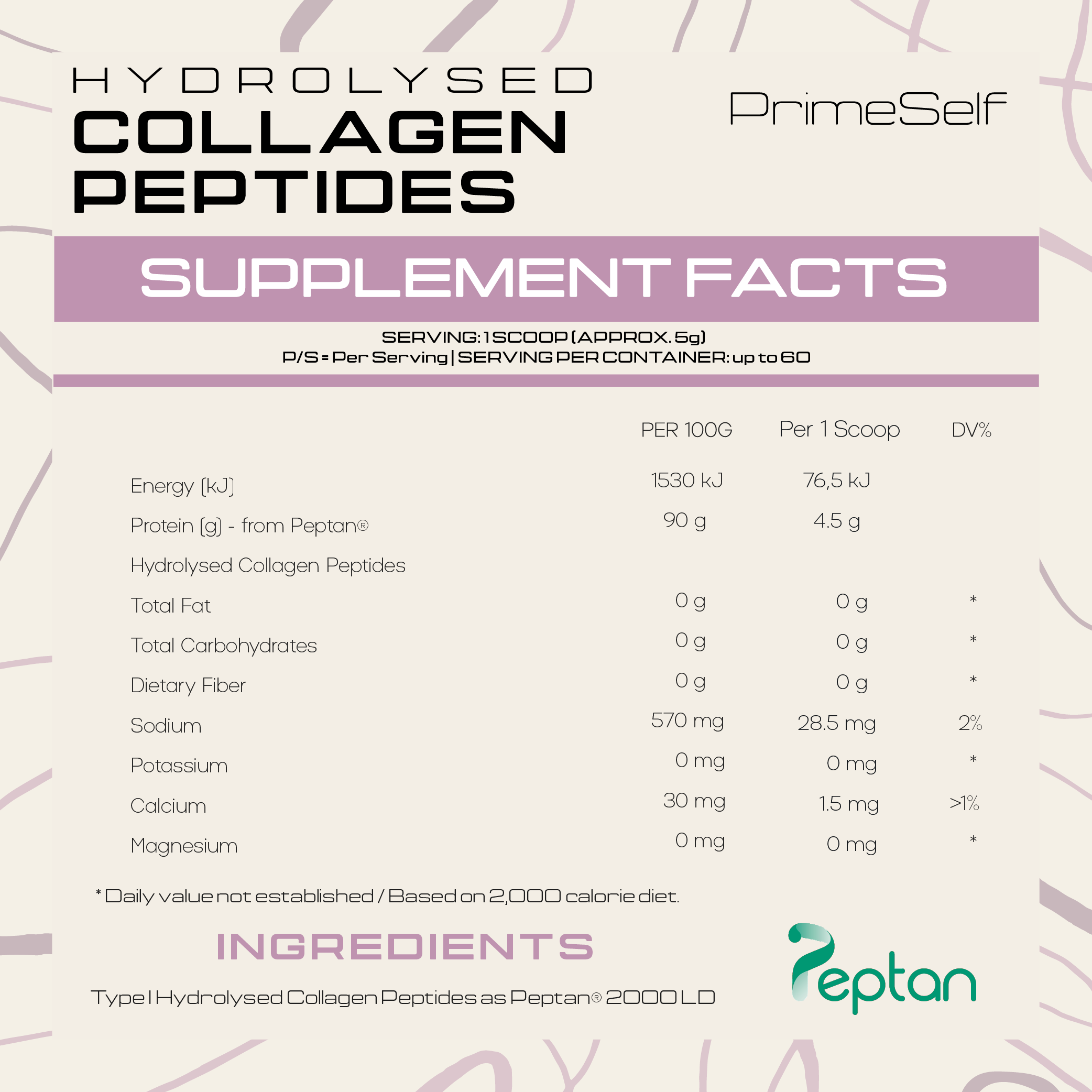 Supplement facts label for Hydrolysed Collagen Peptides by PrimeSelf with Peptan branding.