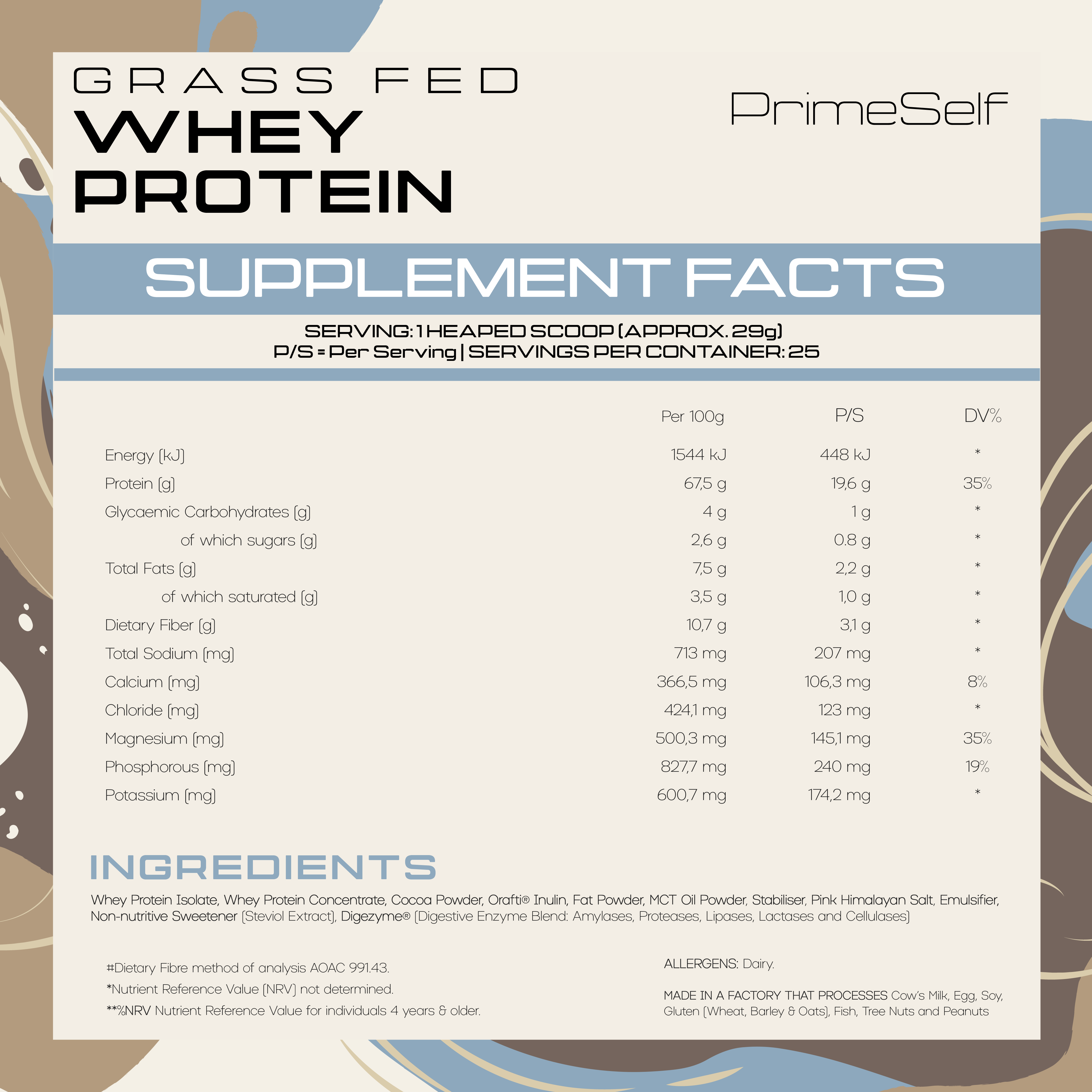 Supplement facts label for Grass Fed Whey Protein by PrimeSelf on a decorative background