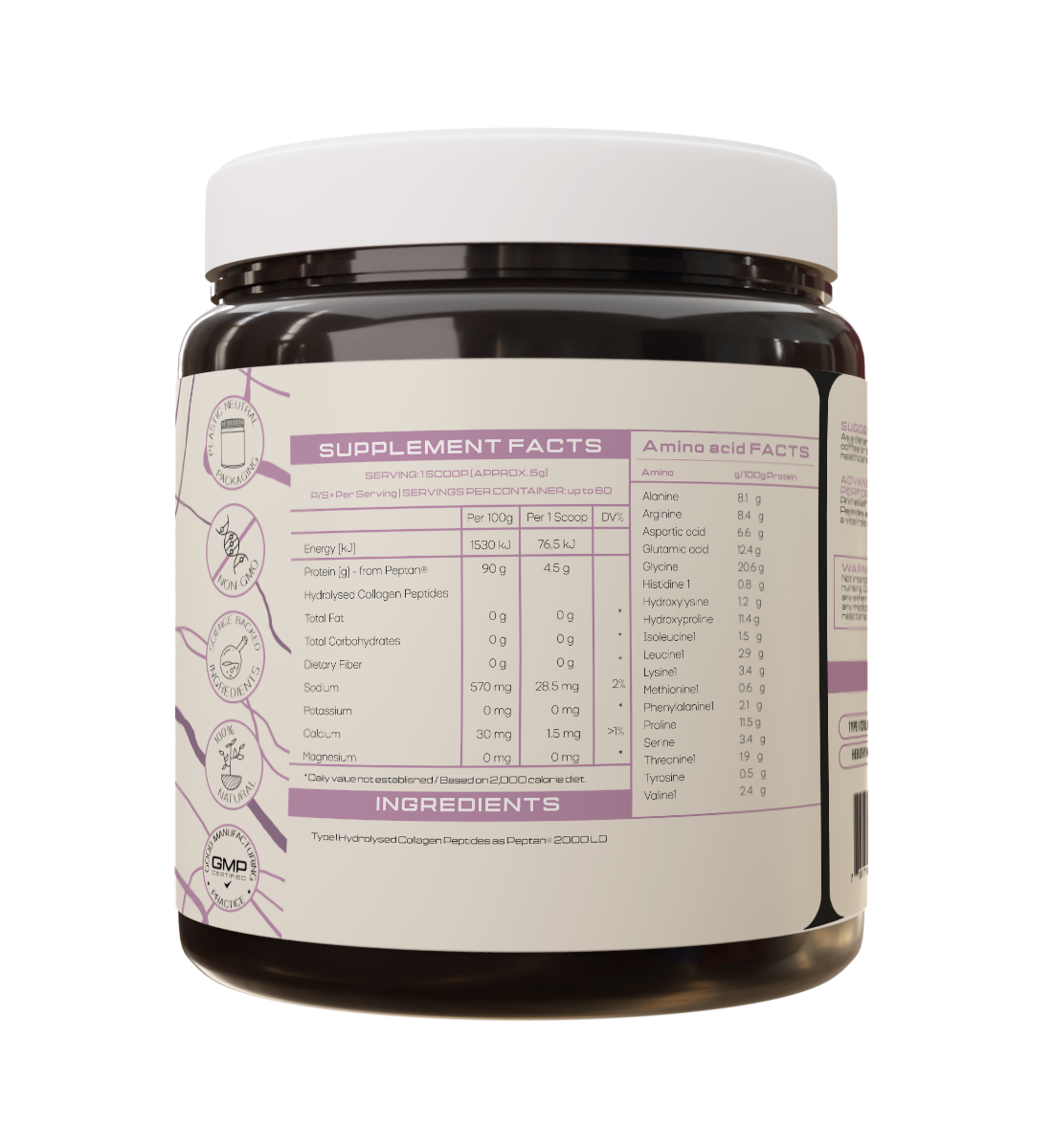 Supplement container with label showing supplement facts and ingredients on a white background