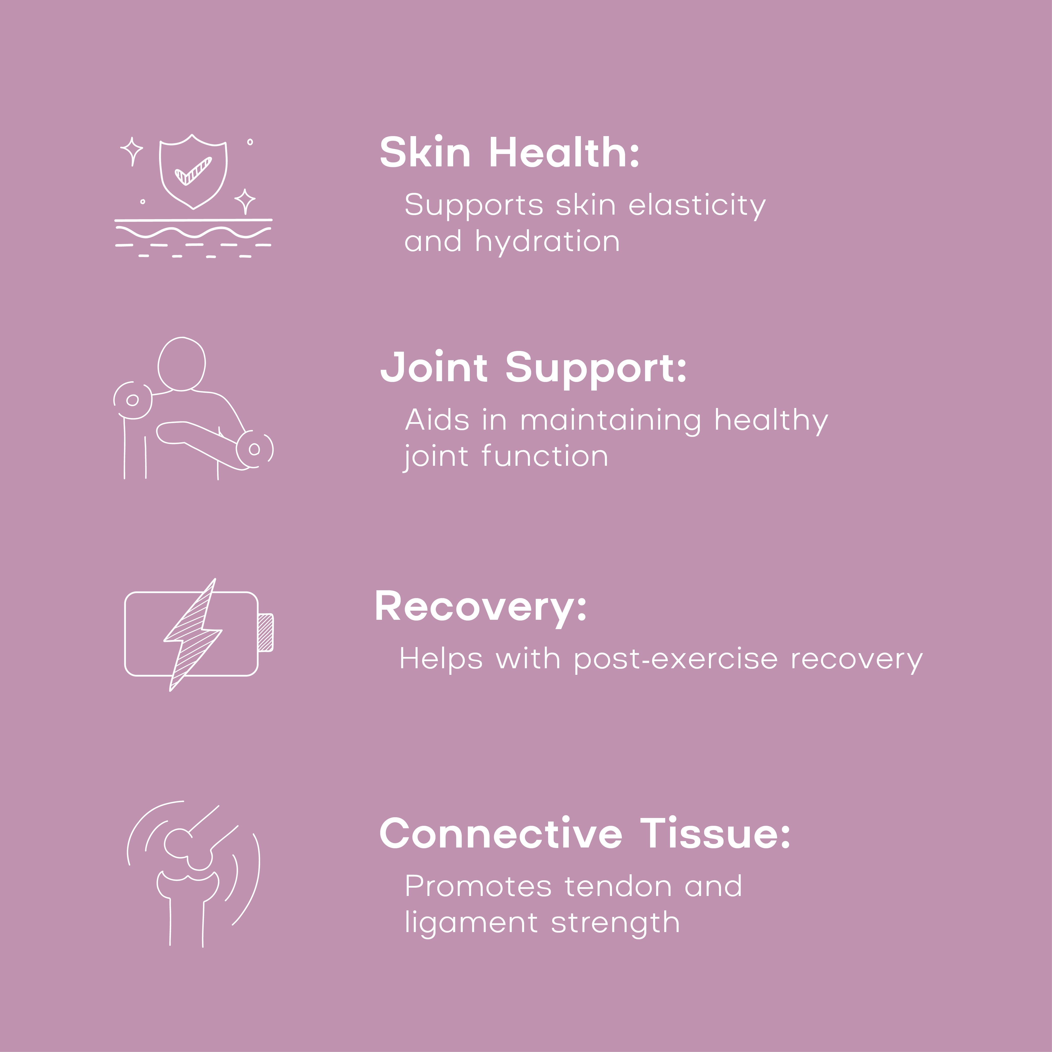 Purple background with white icons and text about skin health, joint support, recovery, and connective tissue on a purple background.