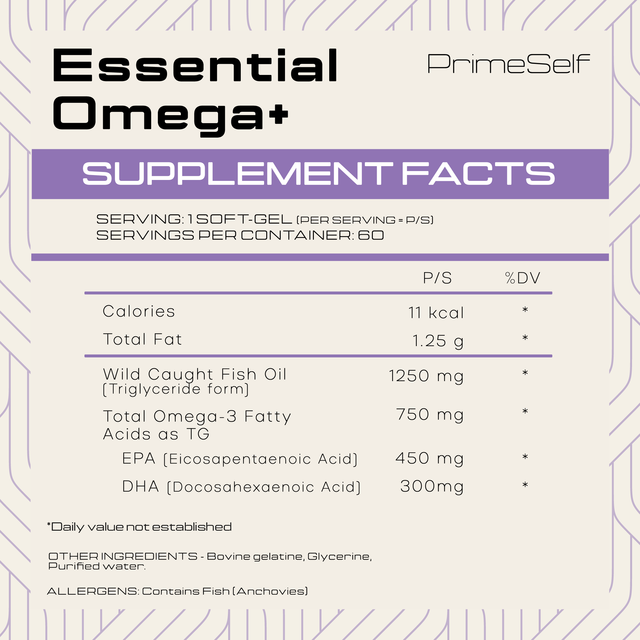 Supplement facts label for PrimeSelf Essential Omega+ supplement