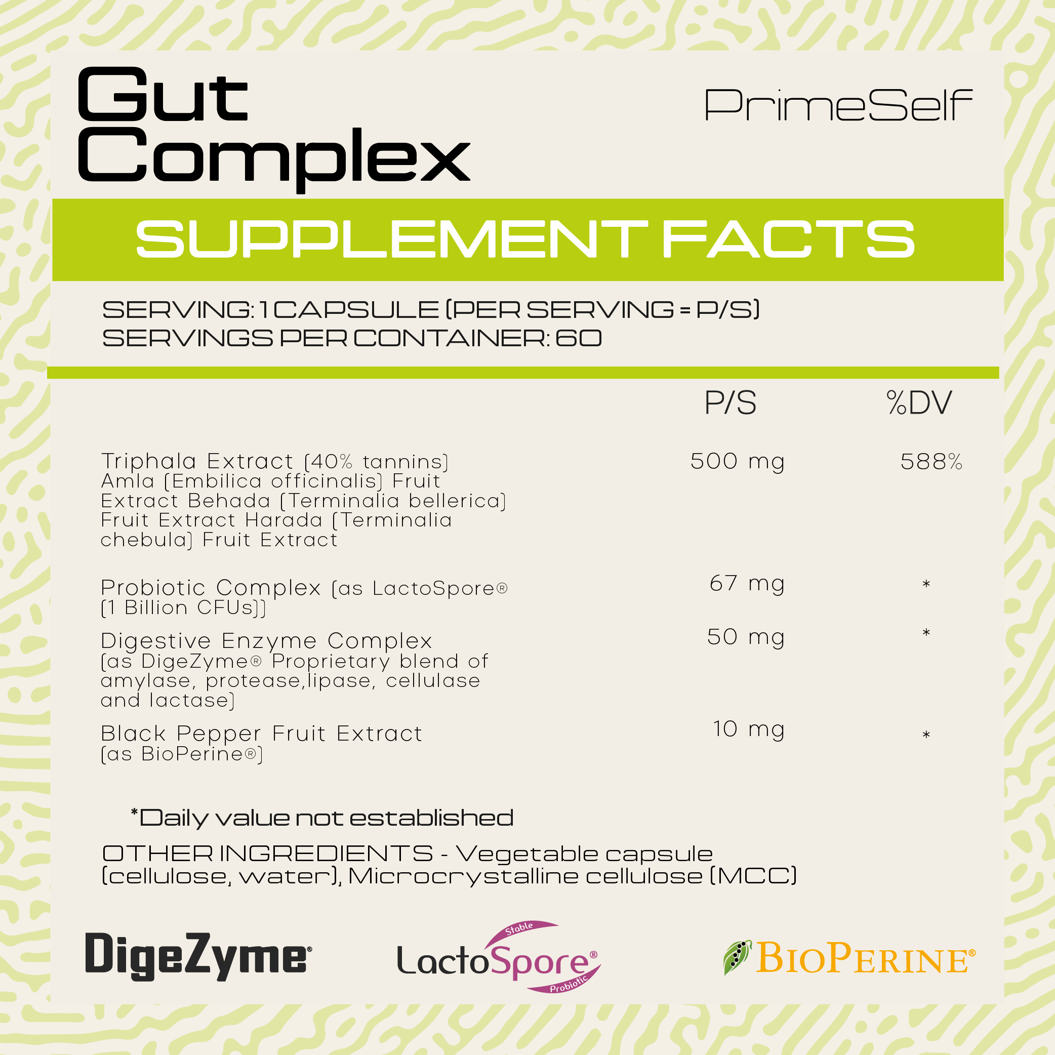 Supplement facts label for Gut Complex by PrimeSelf with various ingredients and their amounts.