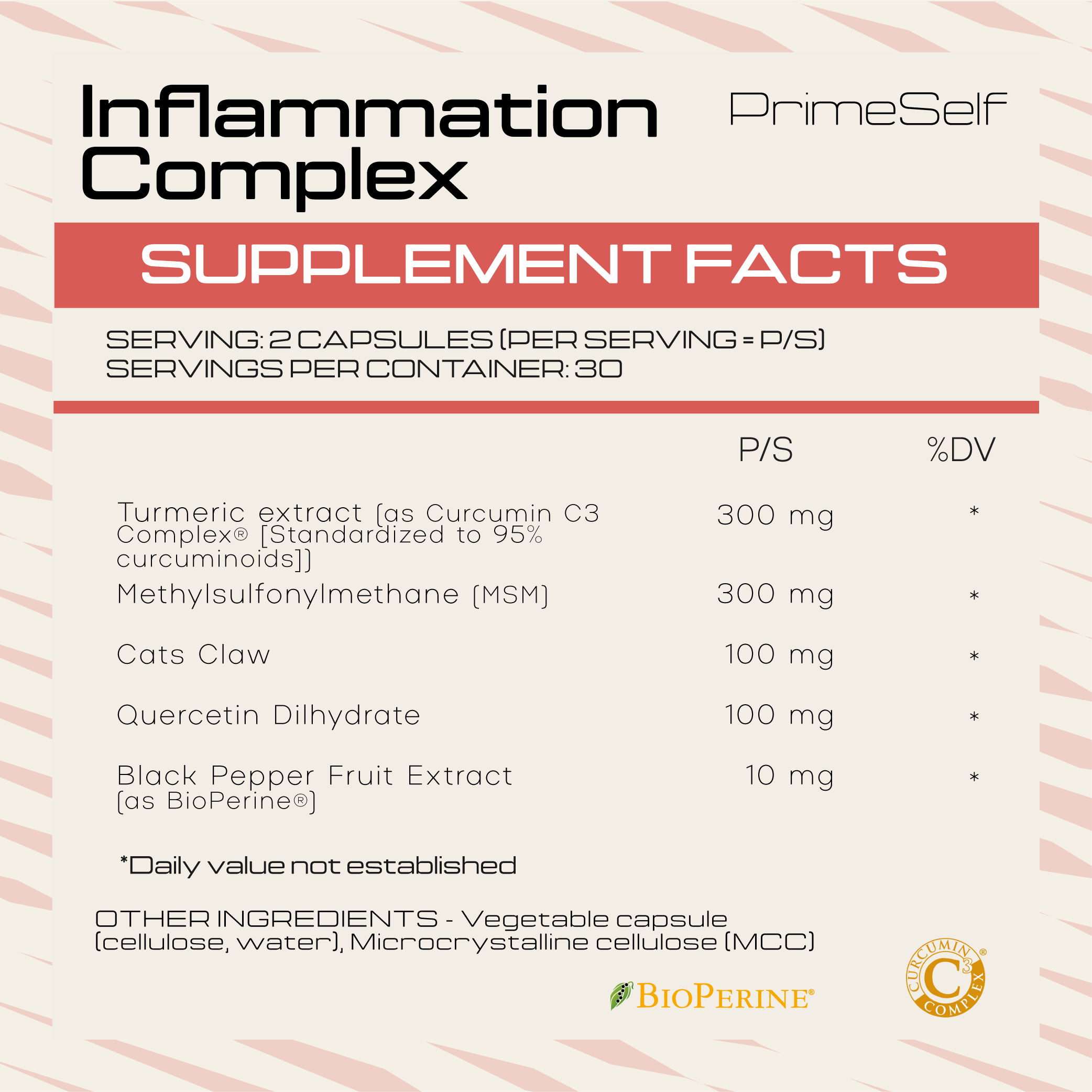 Supplement facts label for Inflammation Complex by PrimeSelf with a white background and red banner.