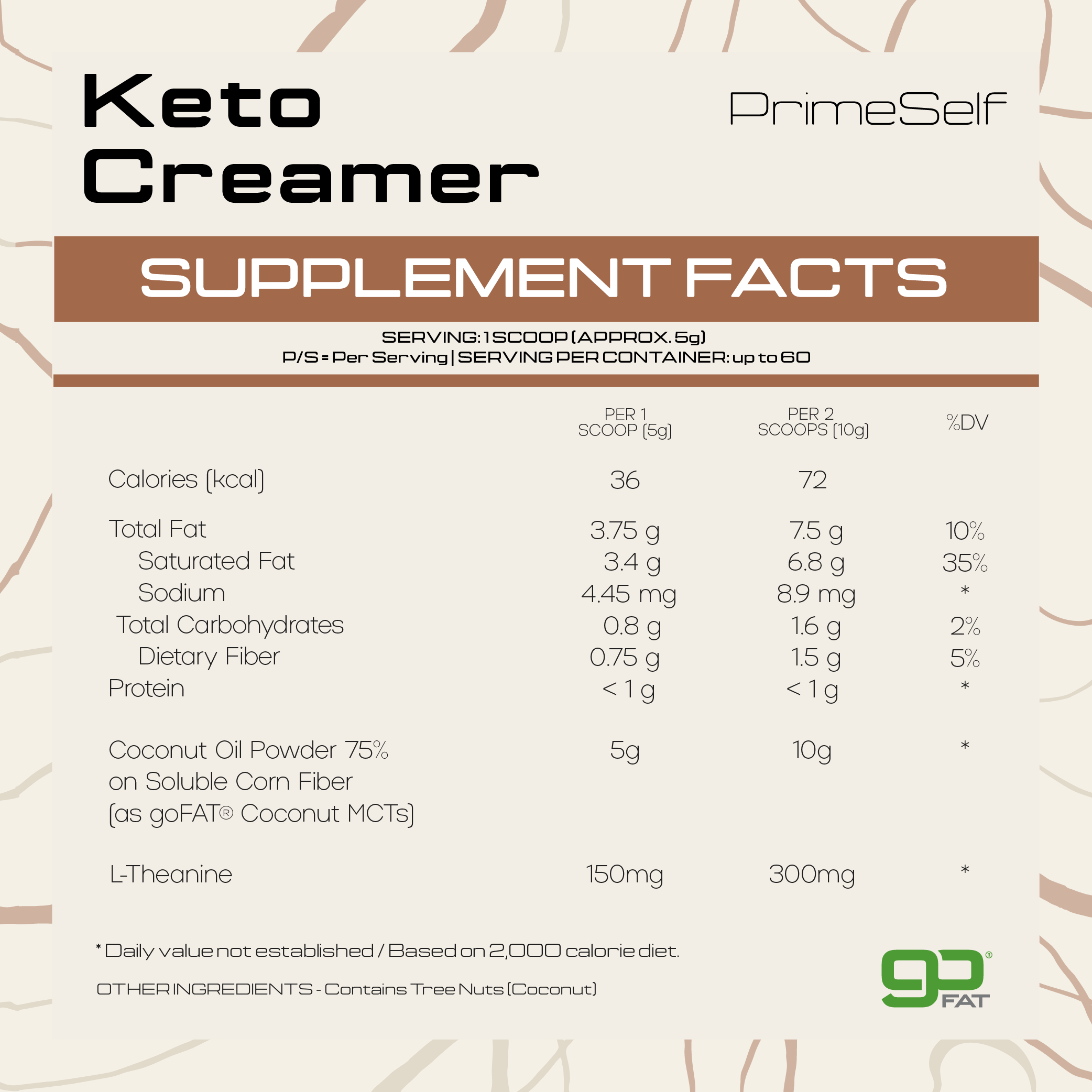 Supplement facts label for Keto Creamer by PrimeSelf on a beige background