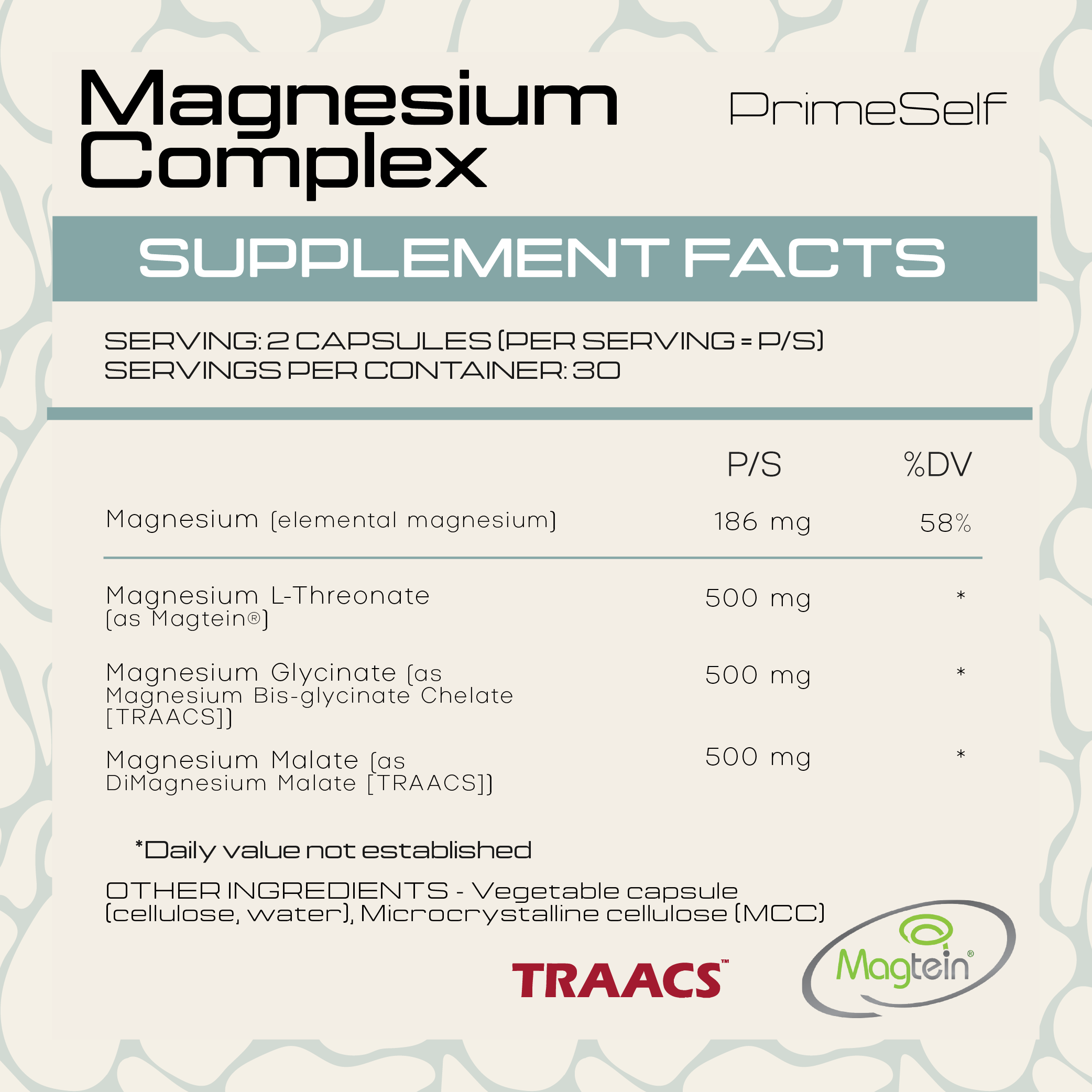 Supplement facts label for Magnesium Complex by PrimeSelf with various magnesium forms and their amounts.