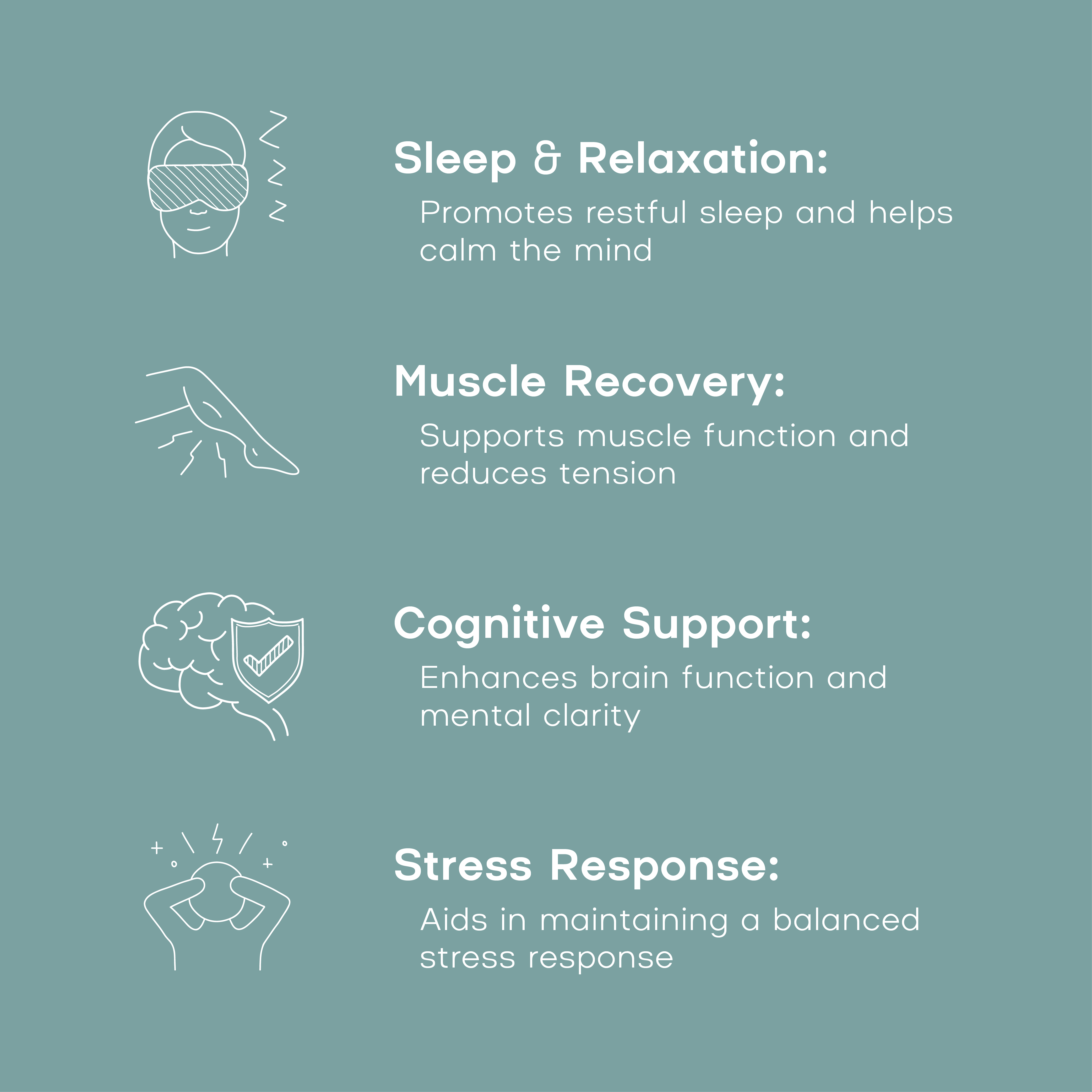 Diagram of sleep and relaxation benefits with icons and text on a teal background