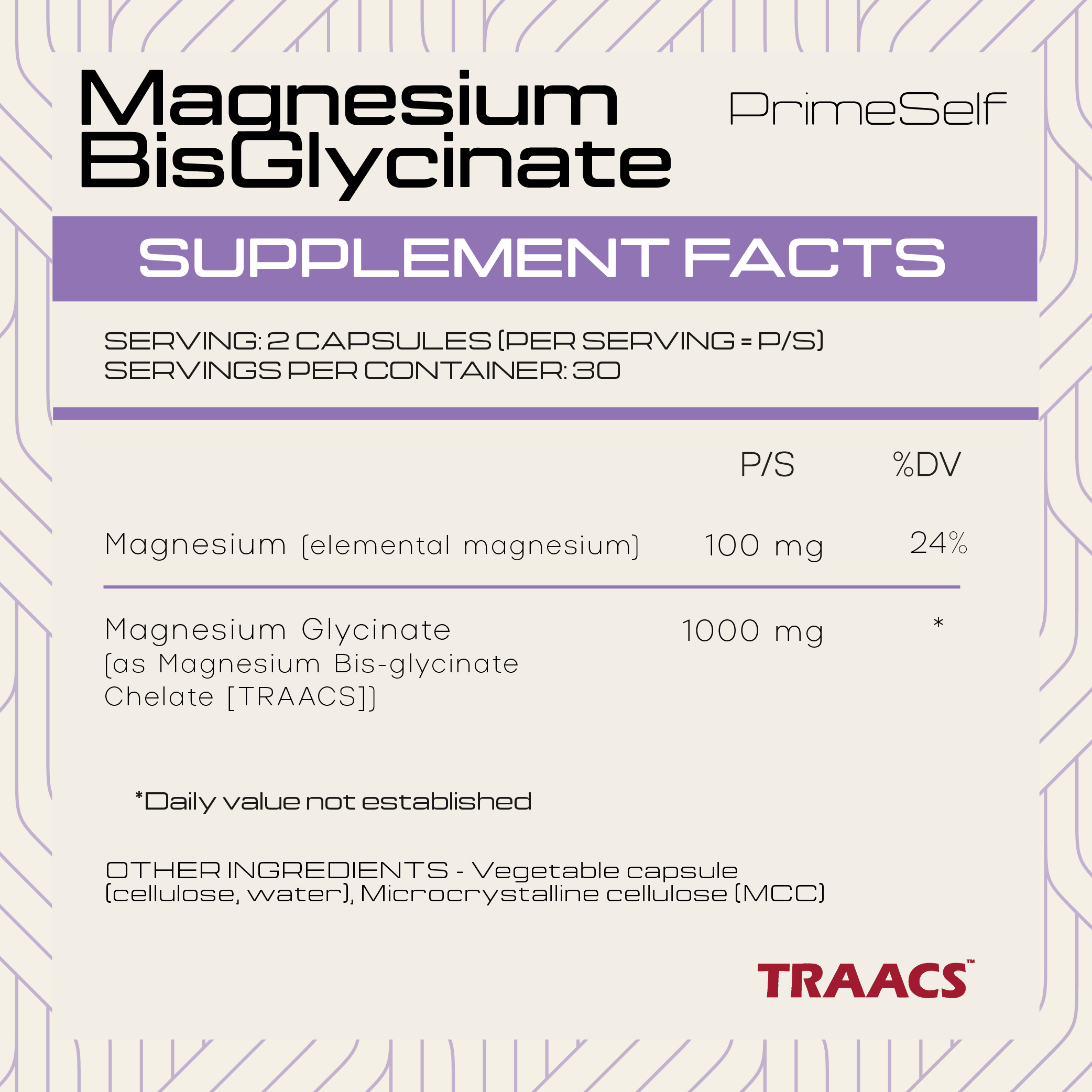 Magnesium BisGlycinate - supplement facts label - PrimeSelf