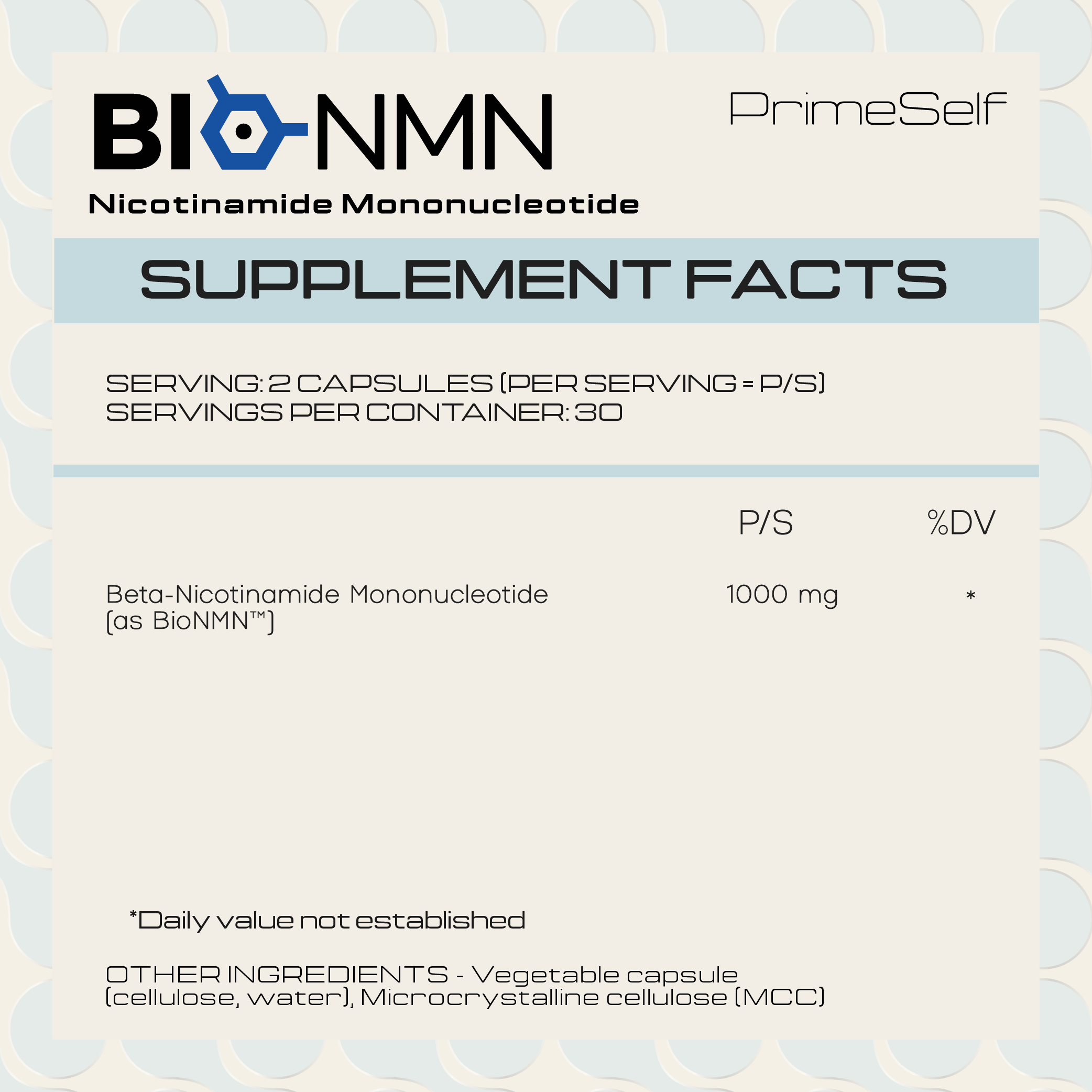 Supplement facts label for BioNMN with PrimeSelf branding
