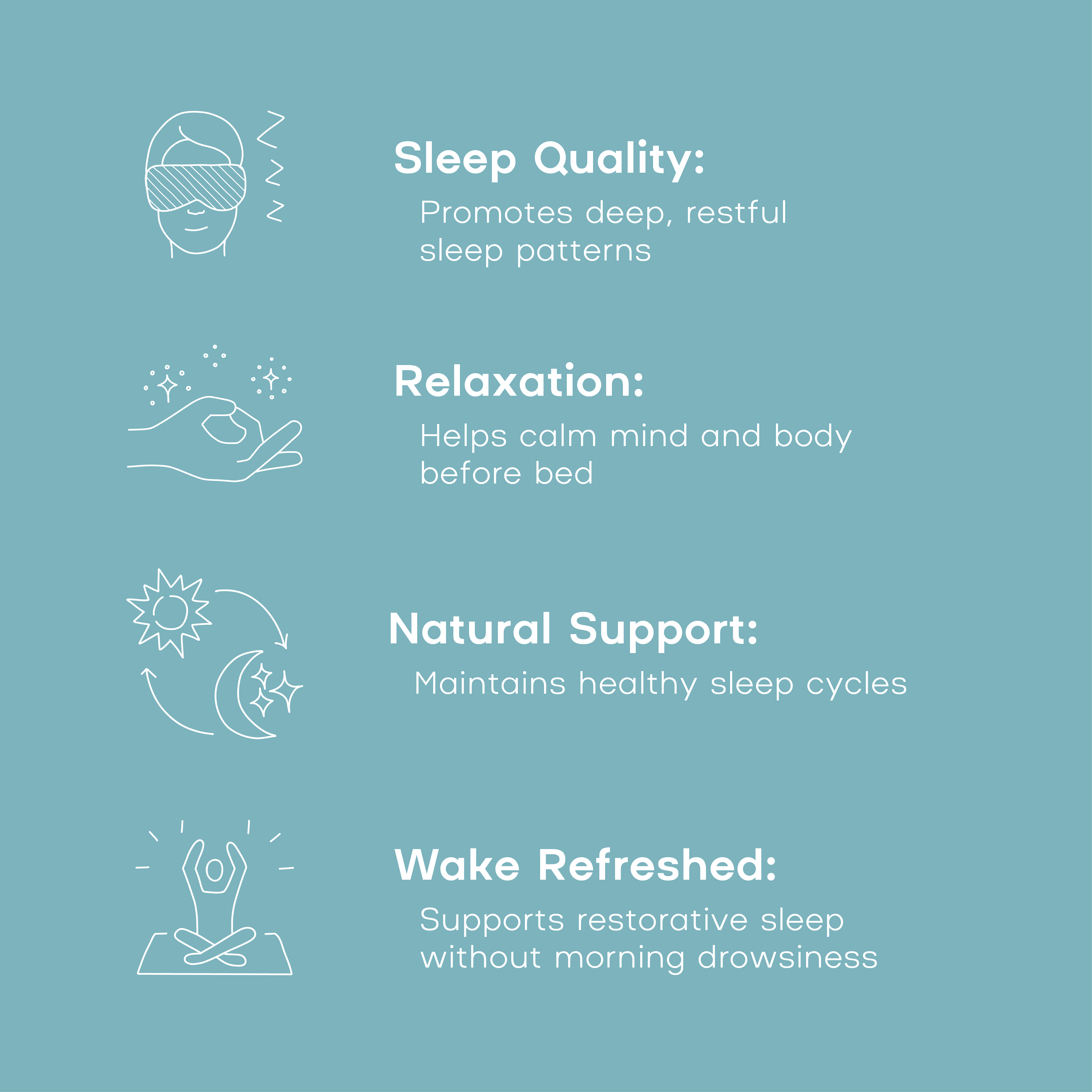 Sleep quality benefits with icons and text on a blue background