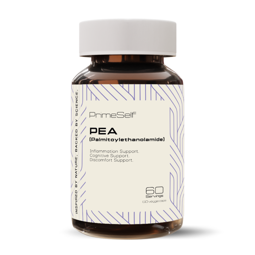 A bottle of PrimeSelf Palmitoylethanolamide (PEA) supplement with 60 capsules, labeled for comfort support, immune balance, and nervous system health.