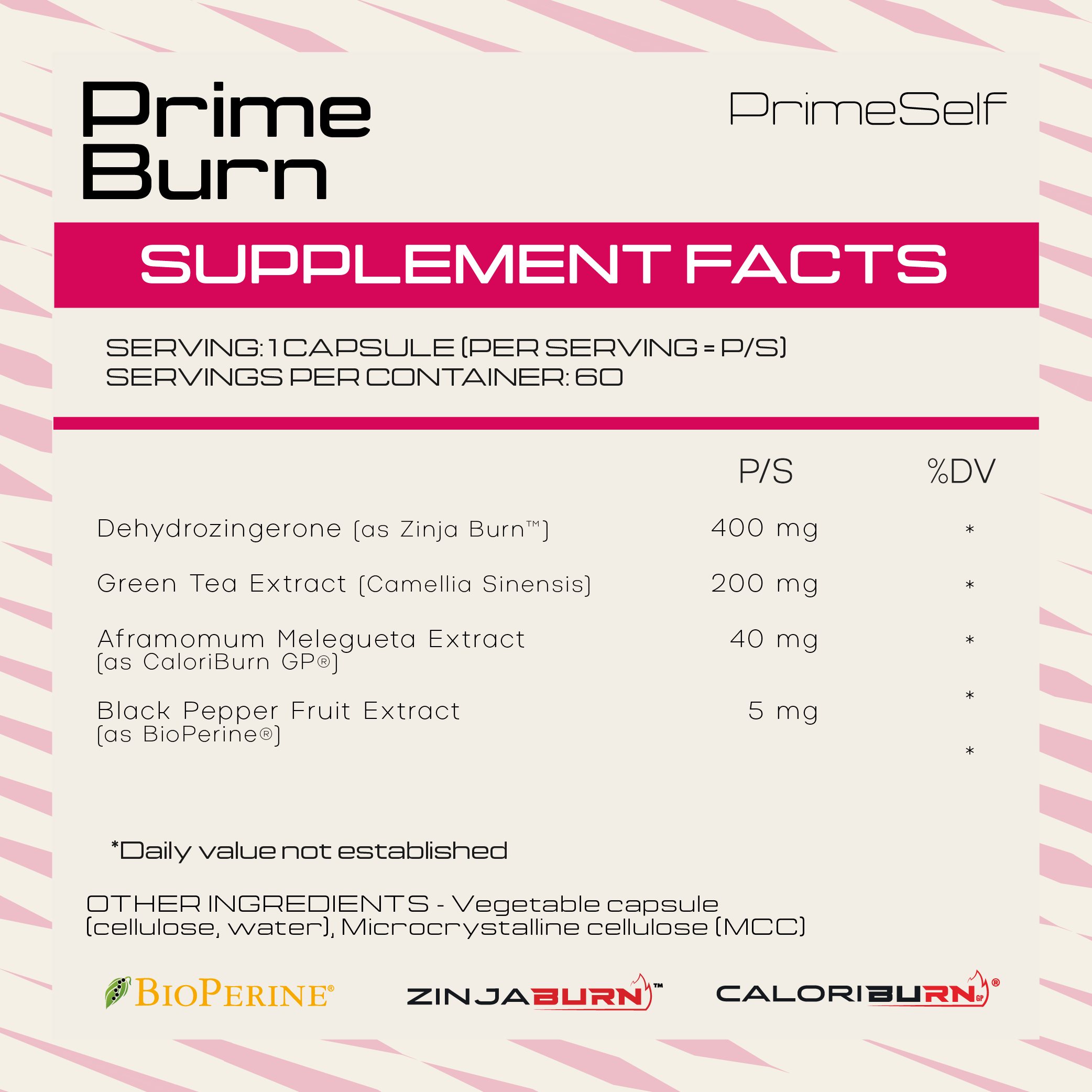 Supplement facts label for Prime Burn by PrimeSelf with ingredient list and branding.