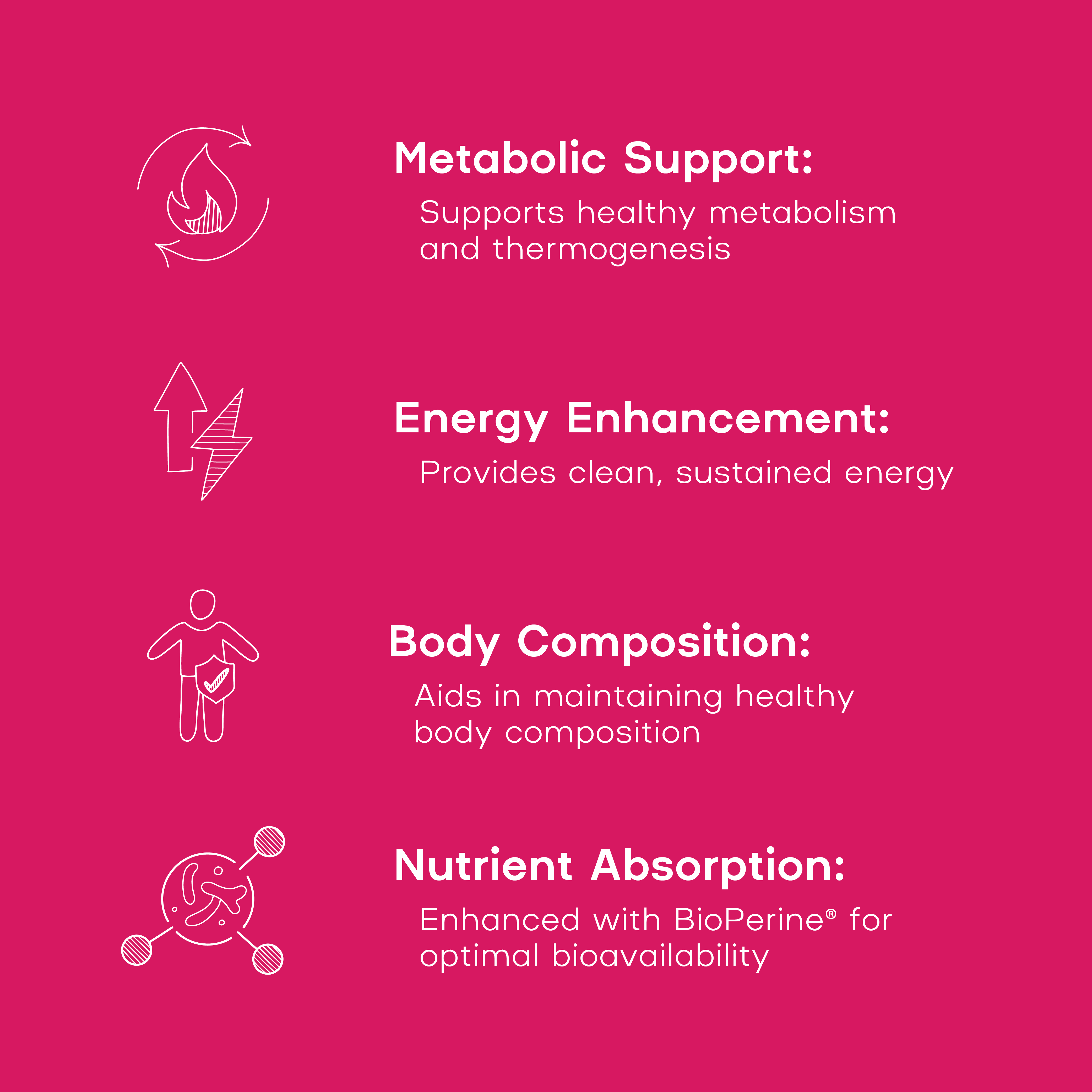 List of health benefits on a pink background with icons